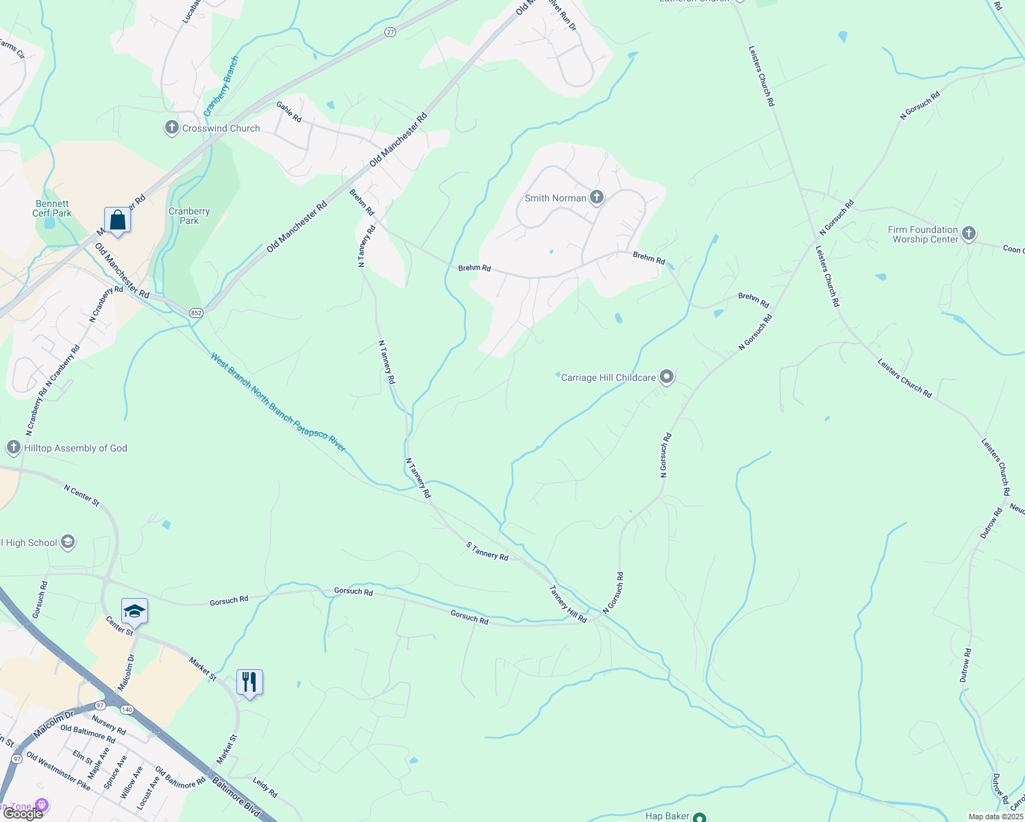 map of restaurants, bars, coffee shops, grocery stores, and more near 1345 Brehm Road in Westminster