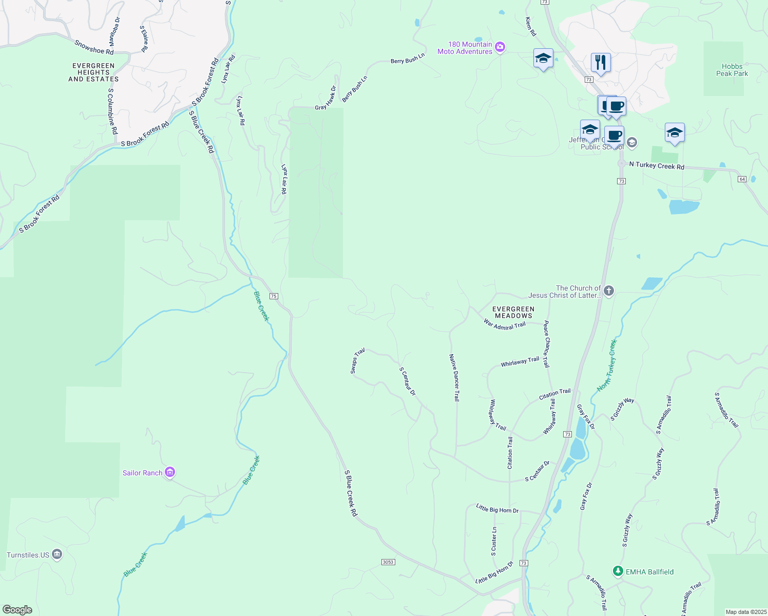 map of restaurants, bars, coffee shops, grocery stores, and more near 7587 South Centaur Drive in Evergreen