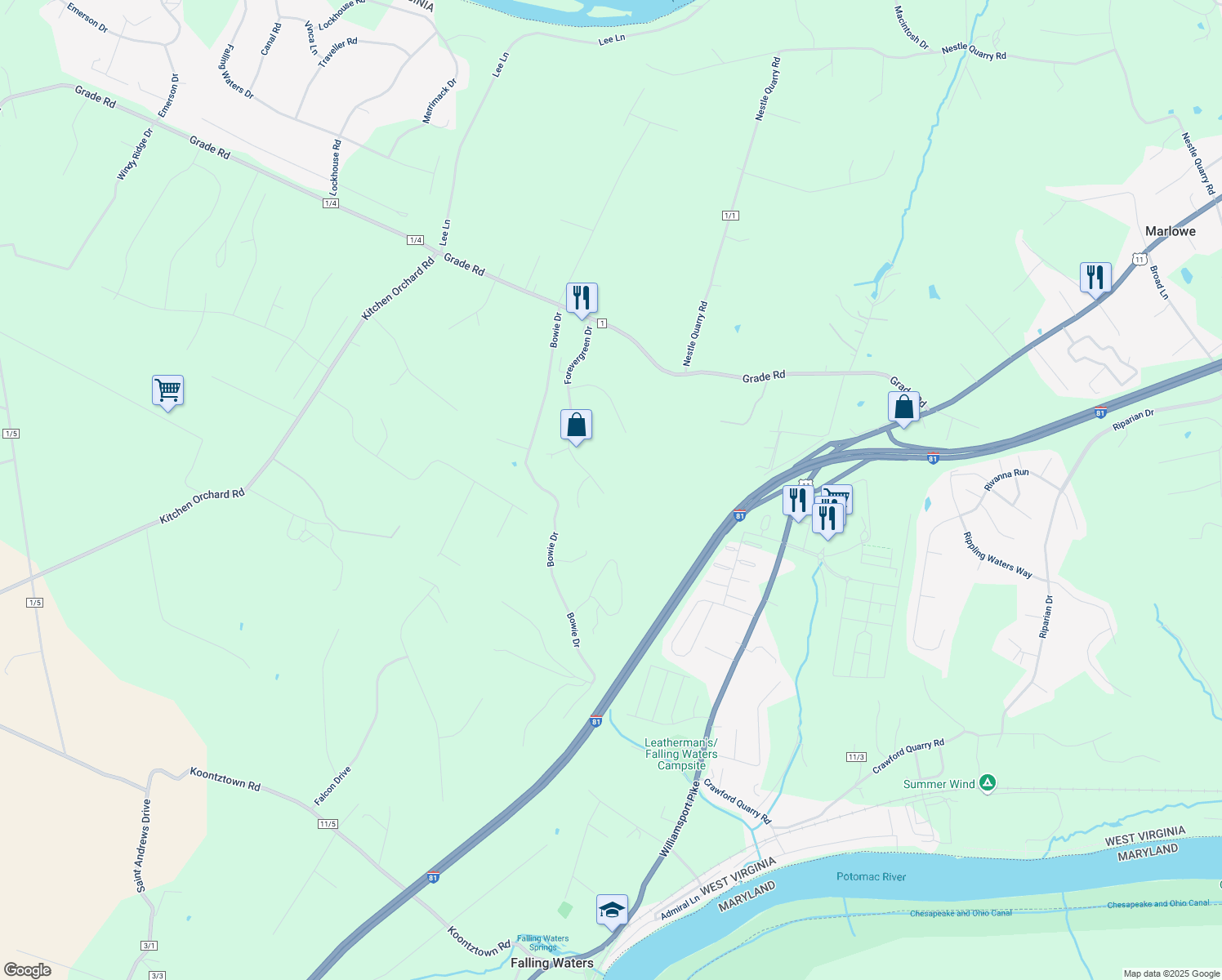 map of restaurants, bars, coffee shops, grocery stores, and more near 549 Forevergreen Drive in Falling Waters