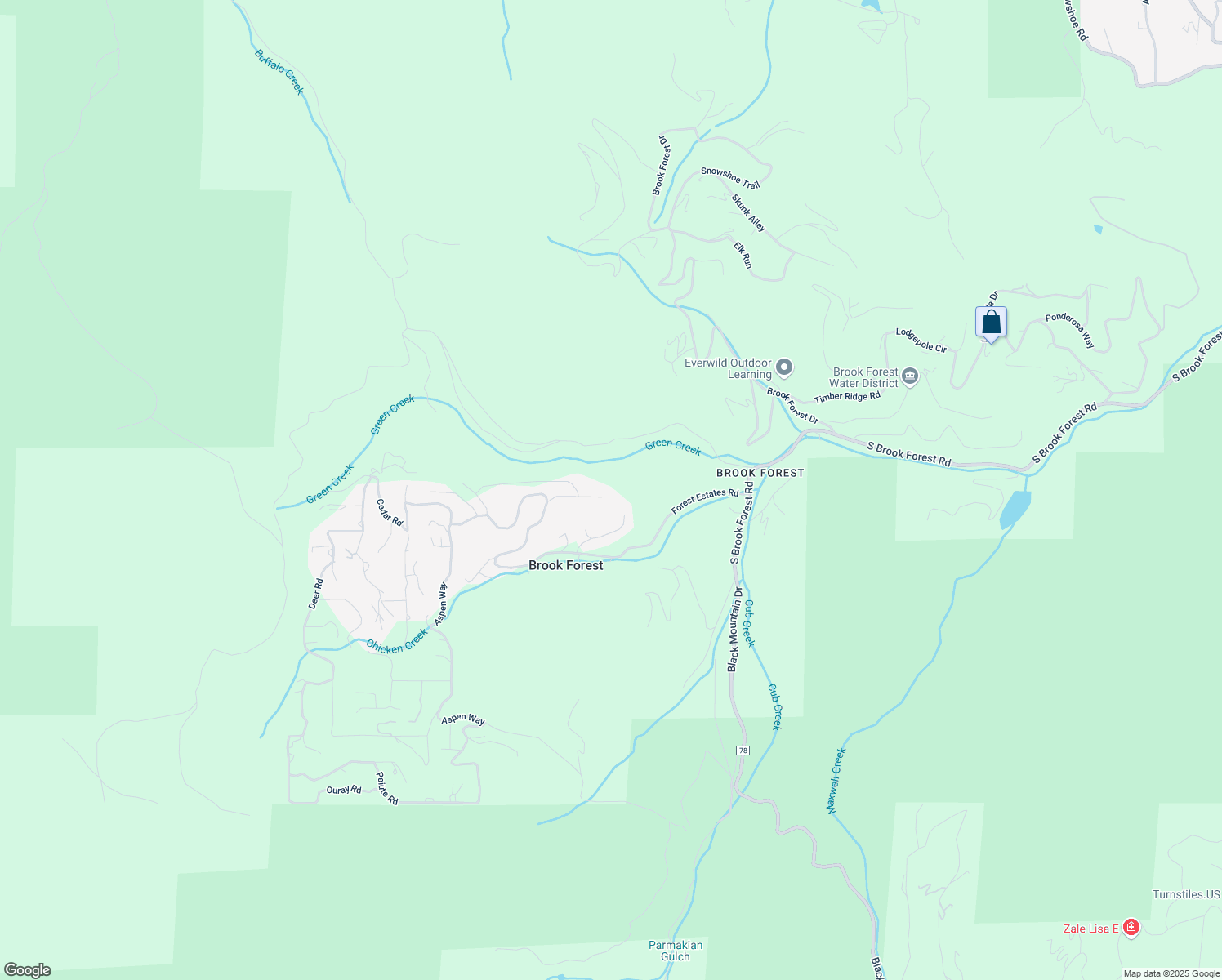 map of restaurants, bars, coffee shops, grocery stores, and more near 34211 Piny Point in Evergreen