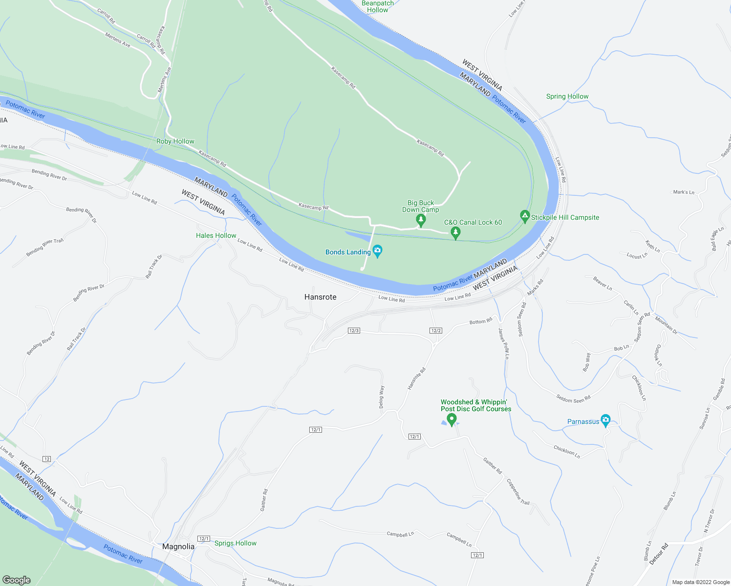 map of restaurants, bars, coffee shops, grocery stores, and more near Low Line Road in Great Cacapon