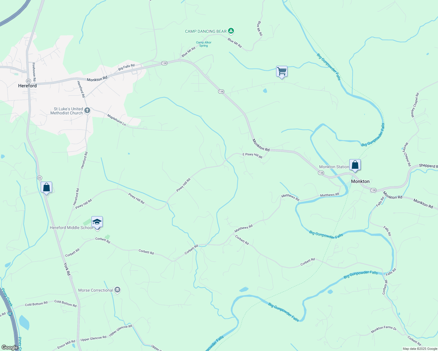 map of restaurants, bars, coffee shops, grocery stores, and more near 1219 East Piney Hill Road in Monkton