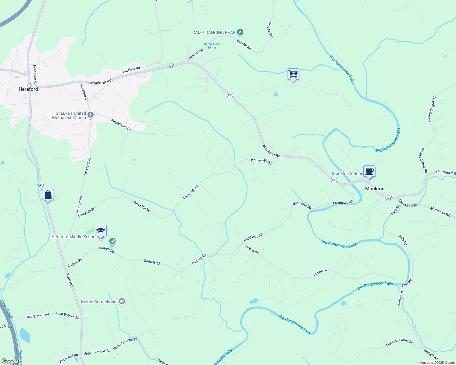 map of restaurants, bars, coffee shops, grocery stores, and more near 1219 East Piney Hill Road in Monkton