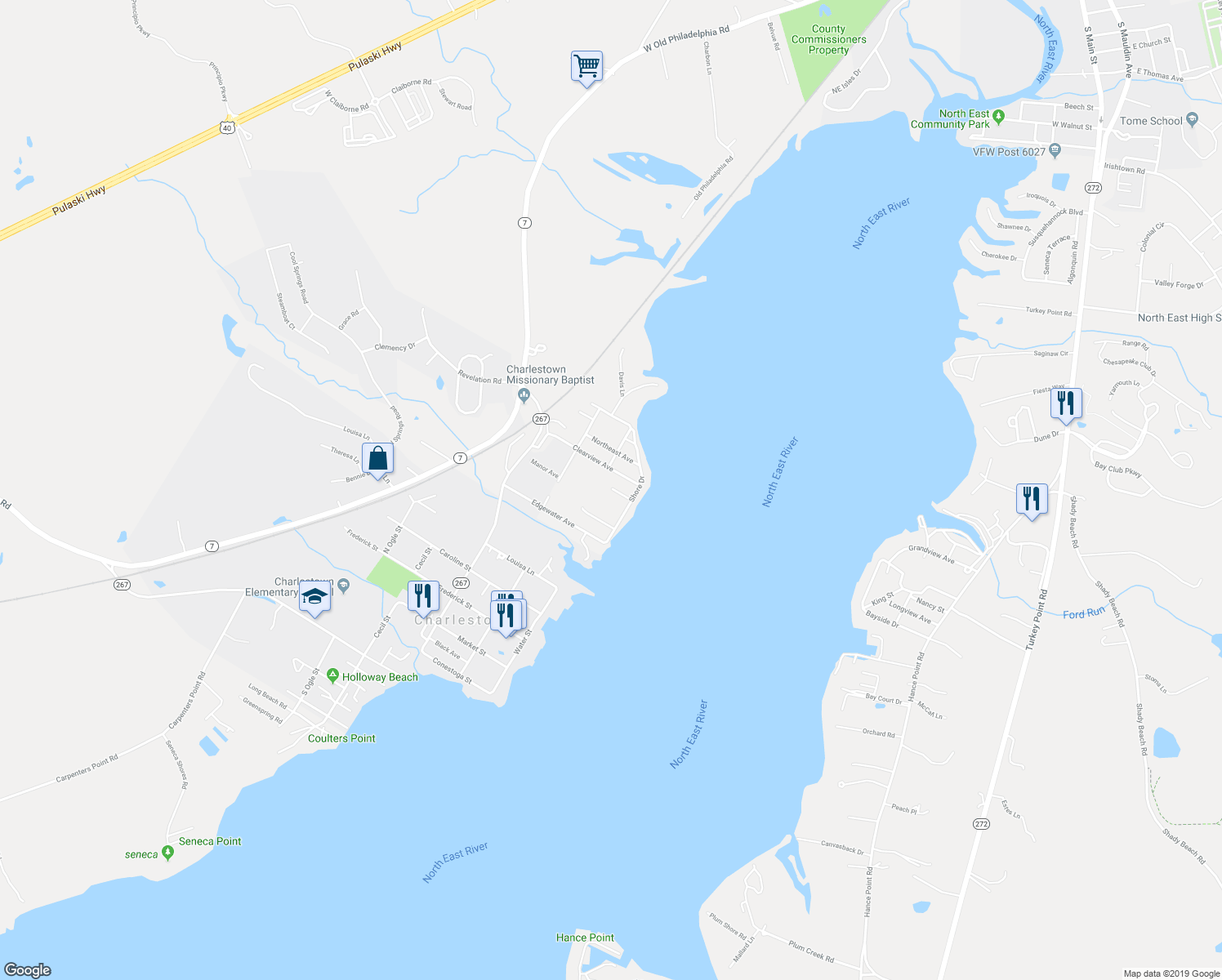 map of restaurants, bars, coffee shops, grocery stores, and more near 7 Kline Avenue in North East