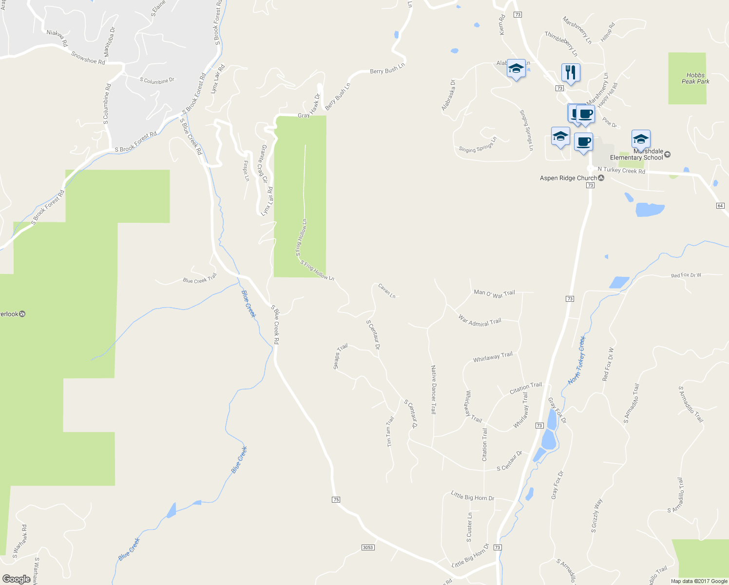 map of restaurants, bars, coffee shops, grocery stores, and more near 7587 South Centaur Drive in Evergreen
