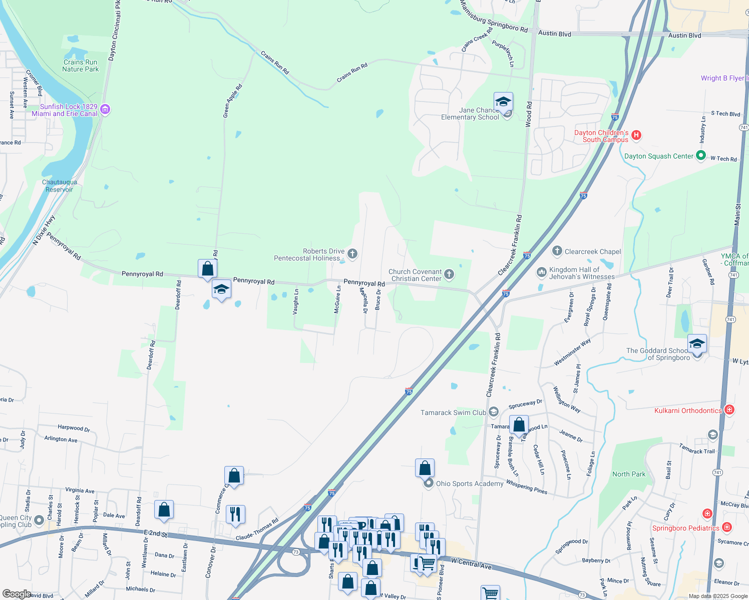 map of restaurants, bars, coffee shops, grocery stores, and more near 9423 Bruce Dr in Franklin