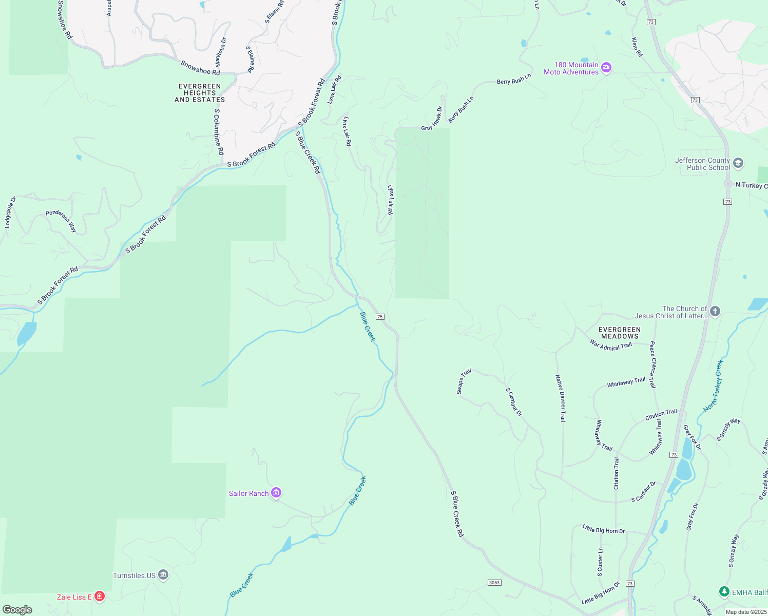 map of restaurants, bars, coffee shops, grocery stores, and more near 7509-7551 South Blue Creek Road in Evergreen