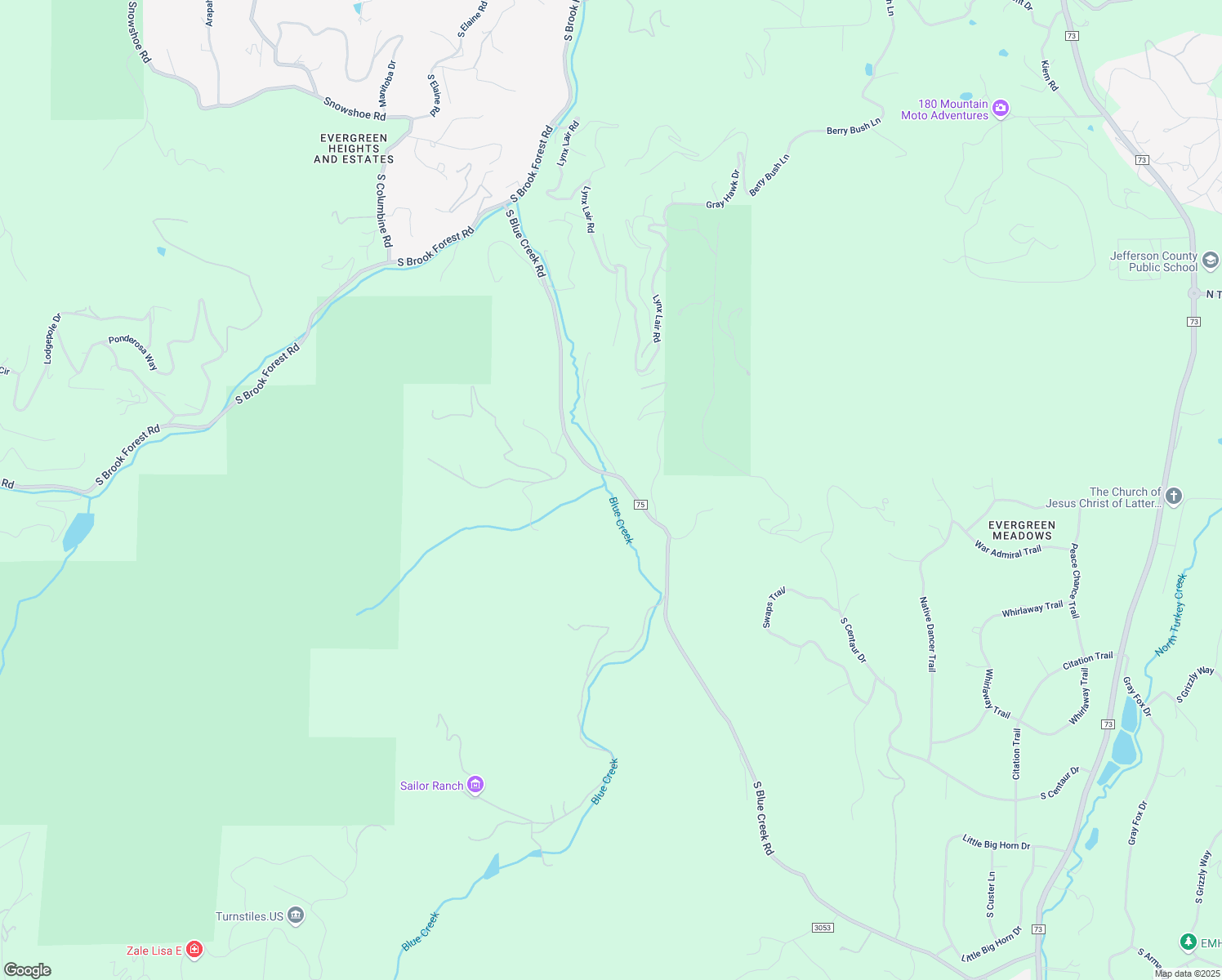 map of restaurants, bars, coffee shops, grocery stores, and more near 7509 South Blue Creek Road in Evergreen