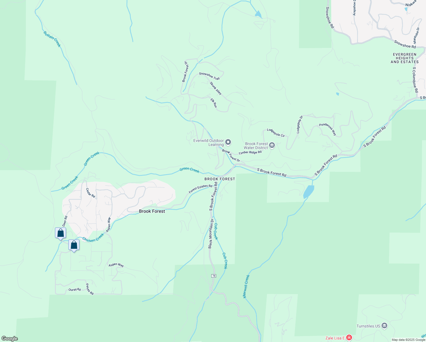 map of restaurants, bars, coffee shops, grocery stores, and more near 7392 Brook Forest Way in Evergreen