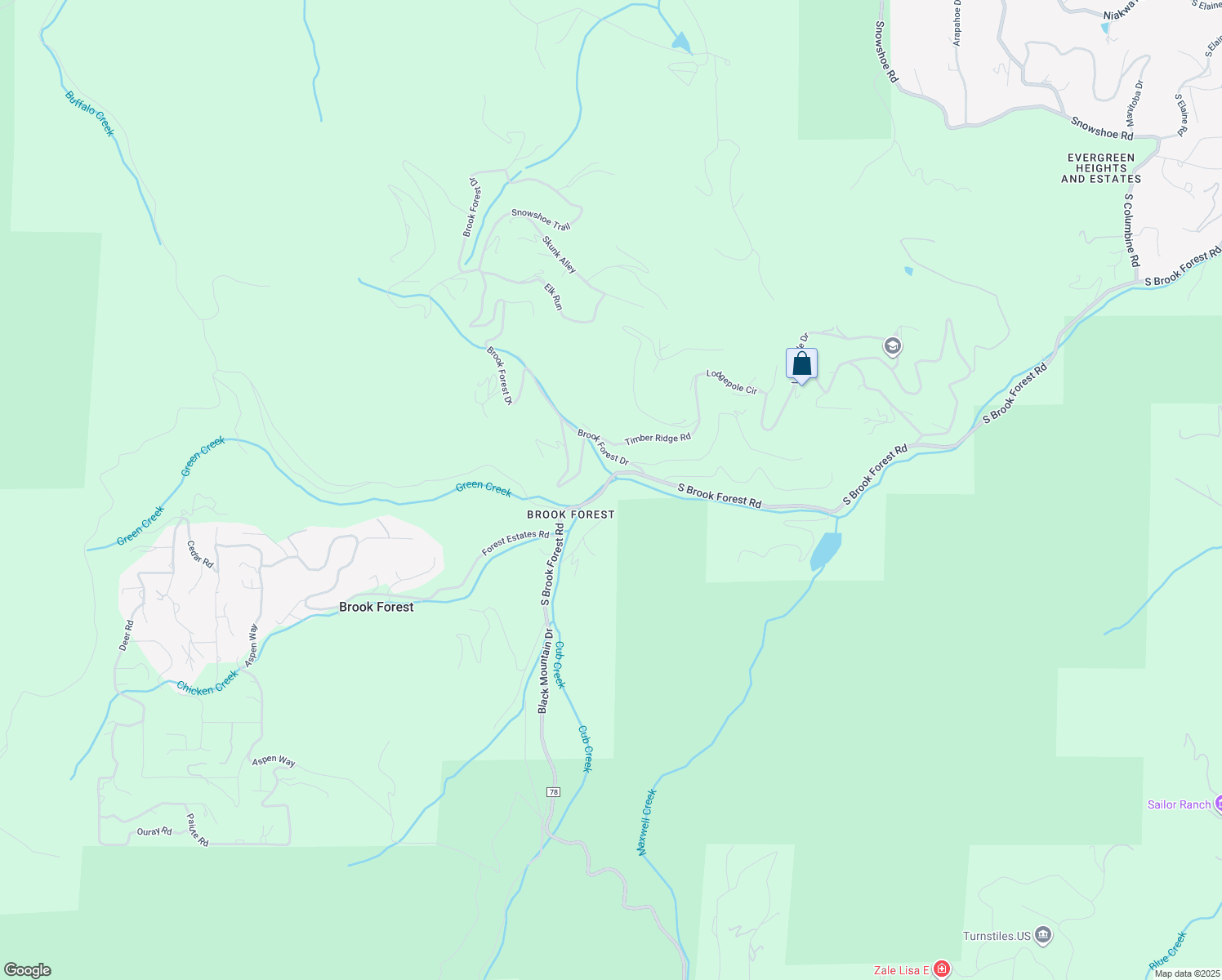 map of restaurants, bars, coffee shops, grocery stores, and more near 8116 South Brook Forest Road in Evergreen