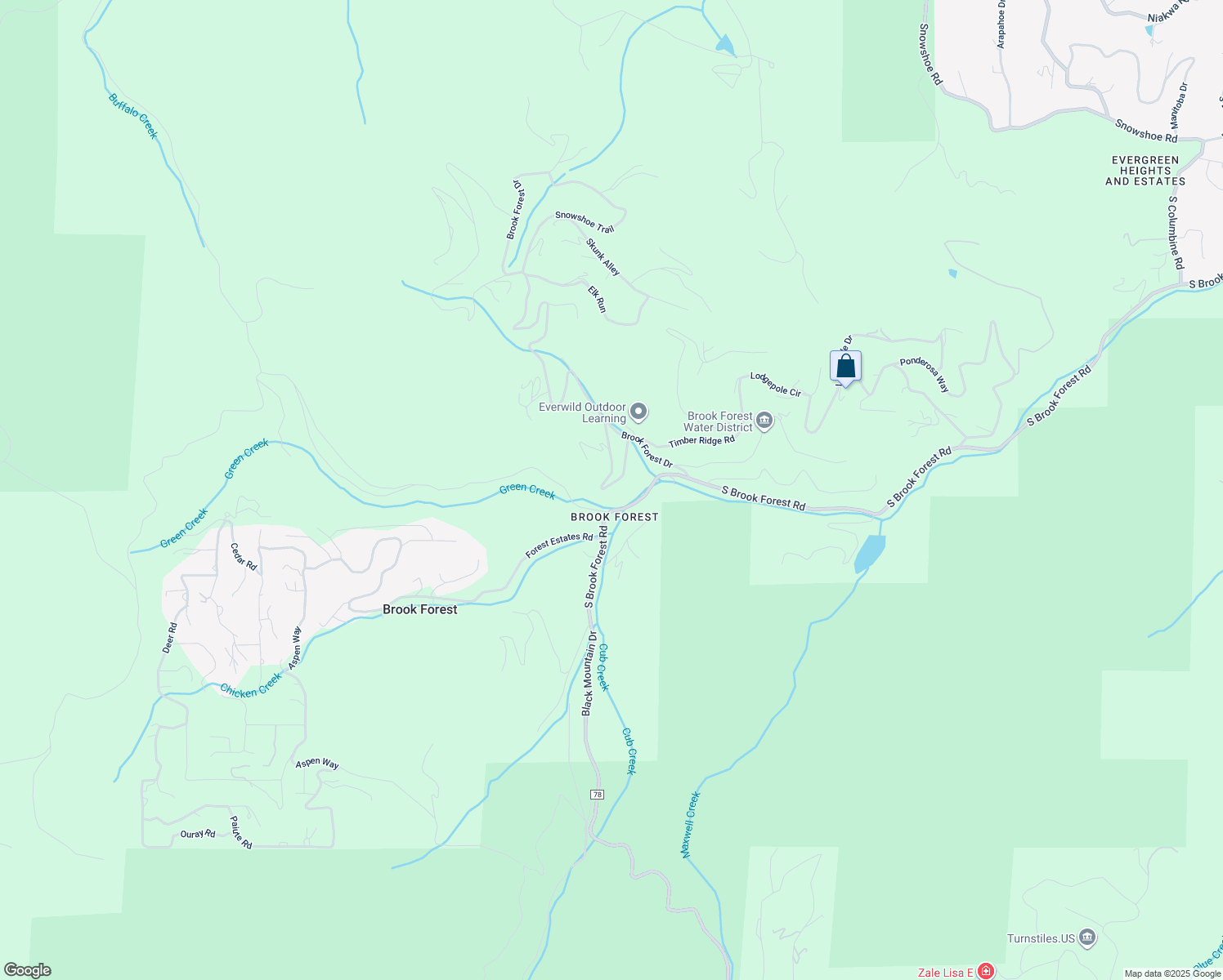 map of restaurants, bars, coffee shops, grocery stores, and more near 7392 Brook Forest Way in Evergreen