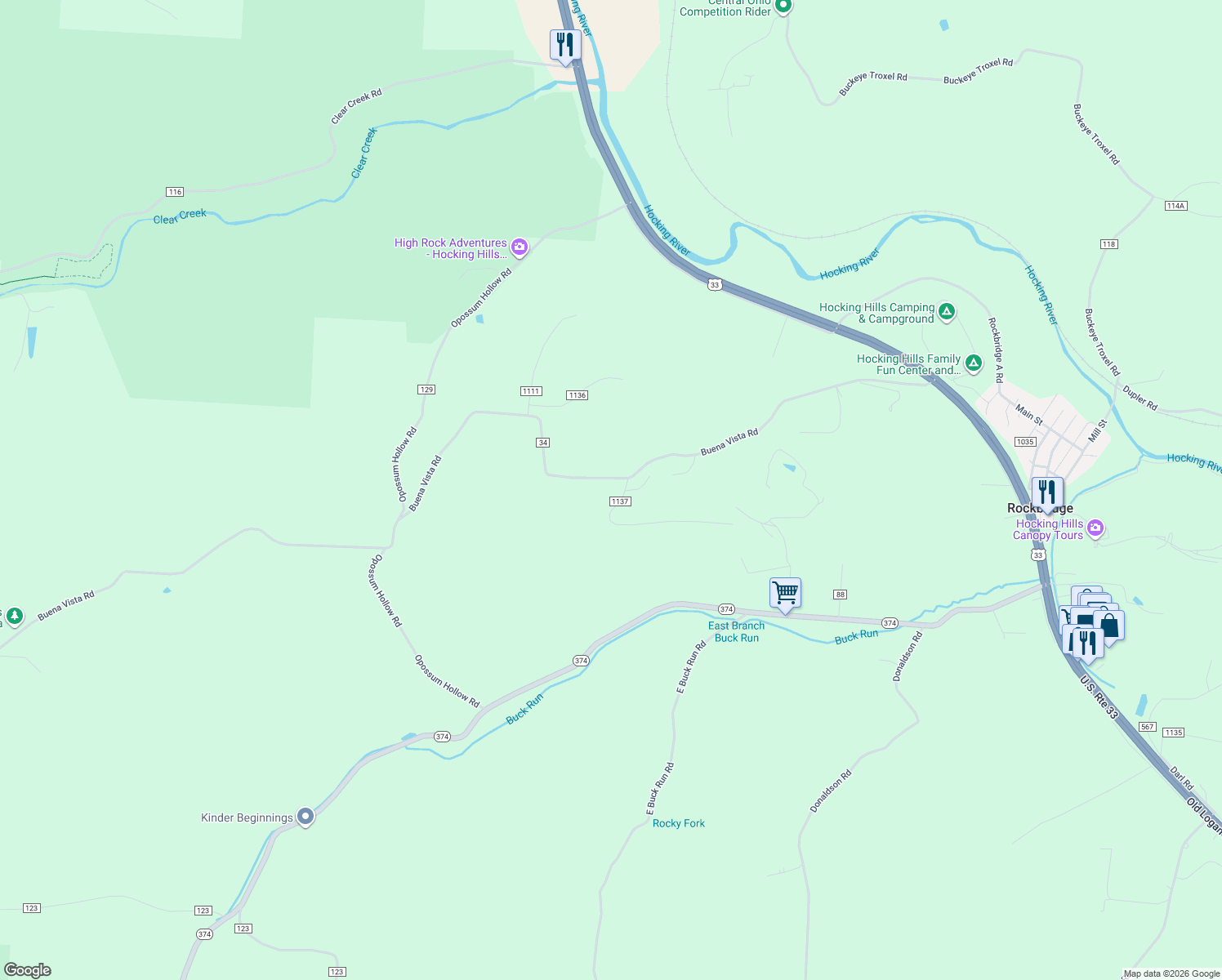 map of restaurants, bars, coffee shops, grocery stores, and more near 25685 Buena Vista Road in Rockbridge
