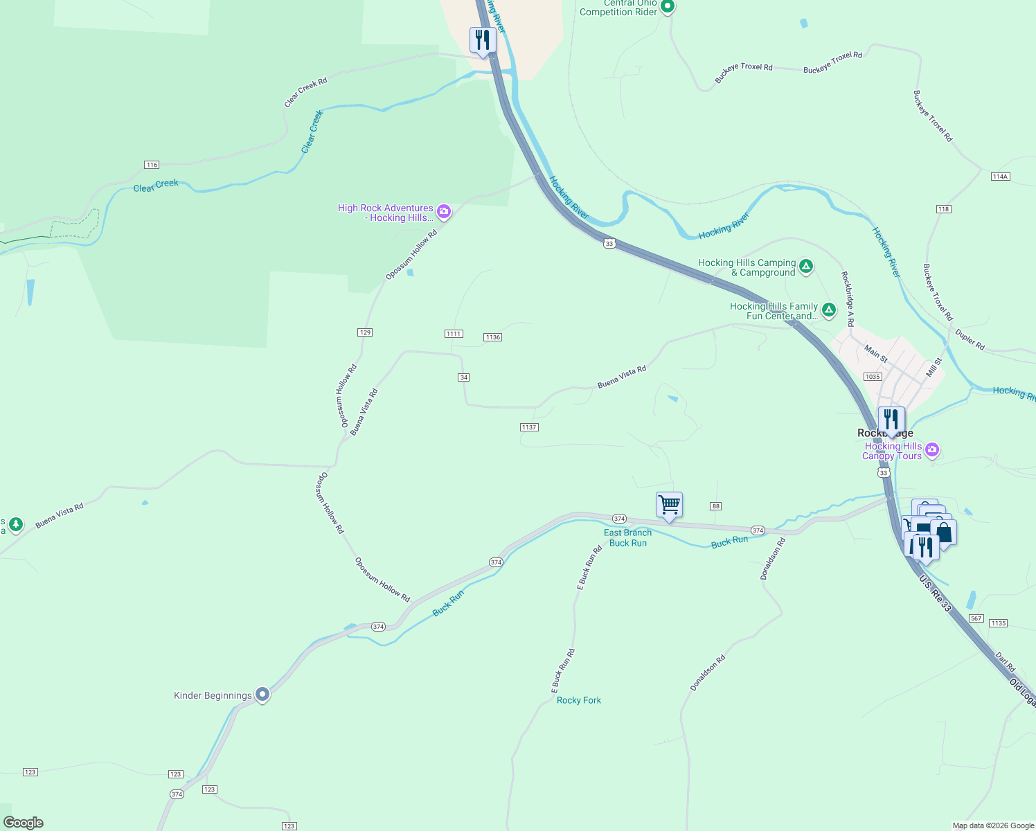 map of restaurants, bars, coffee shops, grocery stores, and more near 25685 Buena Vista Road in Rockbridge