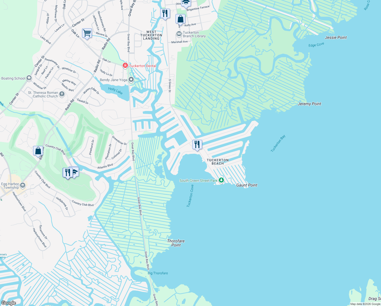 map of restaurants, bars, coffee shops, grocery stores, and more near 113 Parker Rd in Tuckerton
