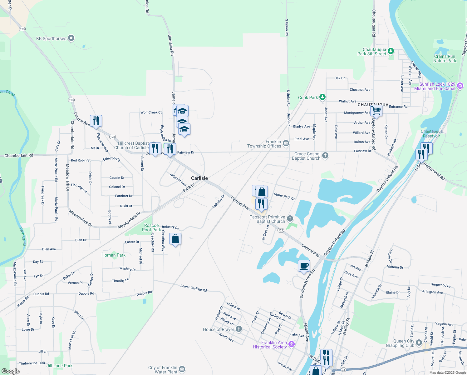 map of restaurants, bars, coffee shops, grocery stores, and more near 572 Central Ave in Carlisle