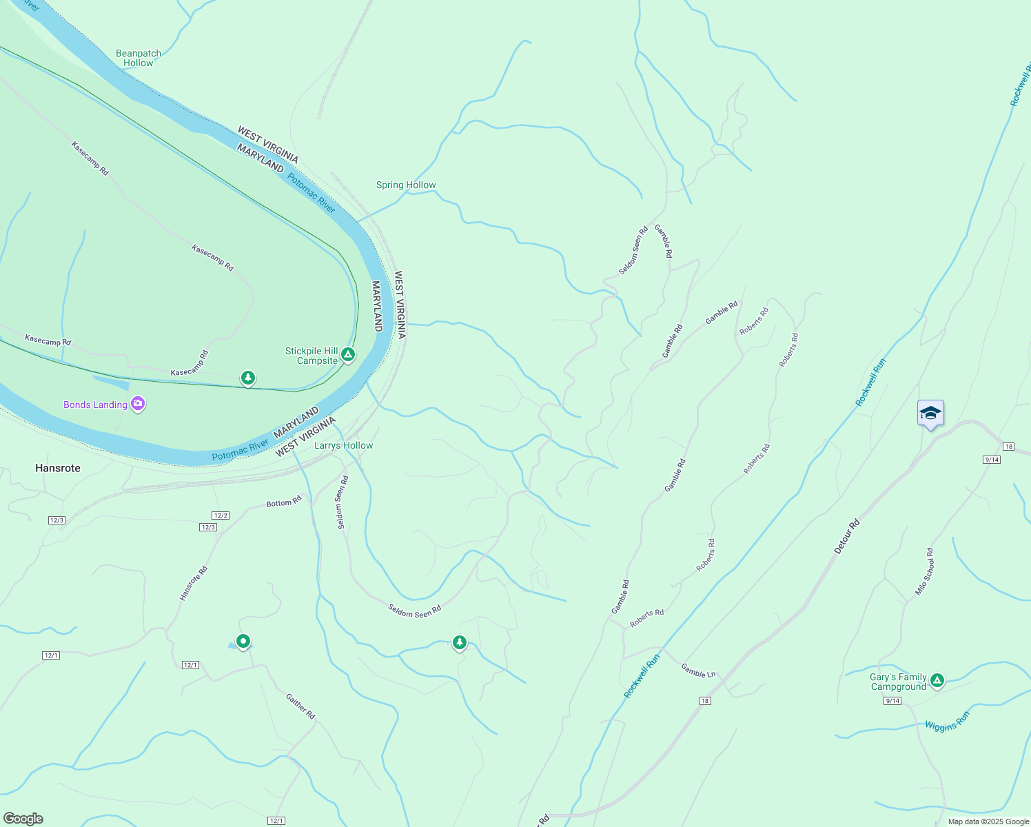 map of restaurants, bars, coffee shops, grocery stores, and more near 45 Locust Lane in Great Cacapon