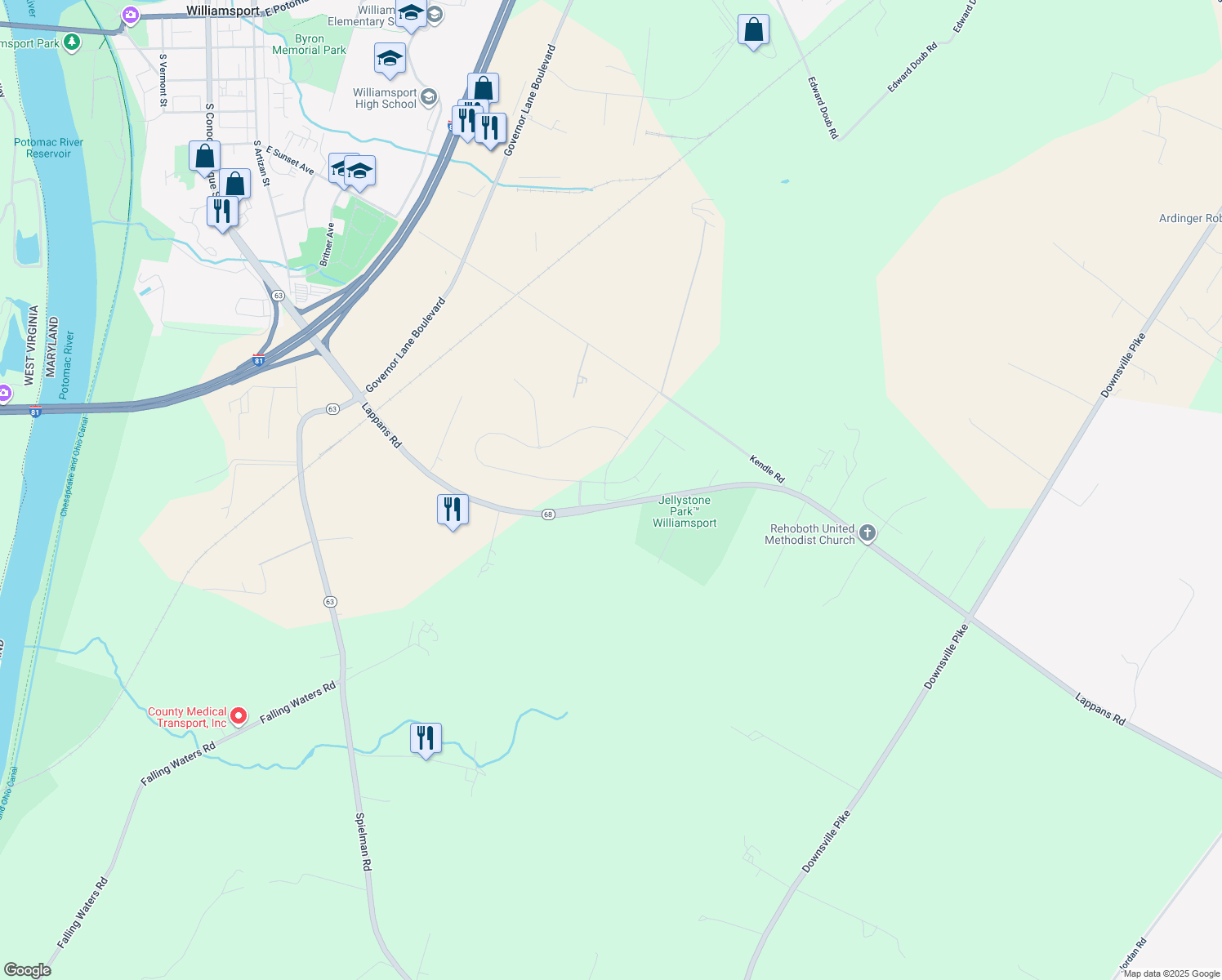 map of restaurants, bars, coffee shops, grocery stores, and more near 13405 John Martin Drive in Williamsport