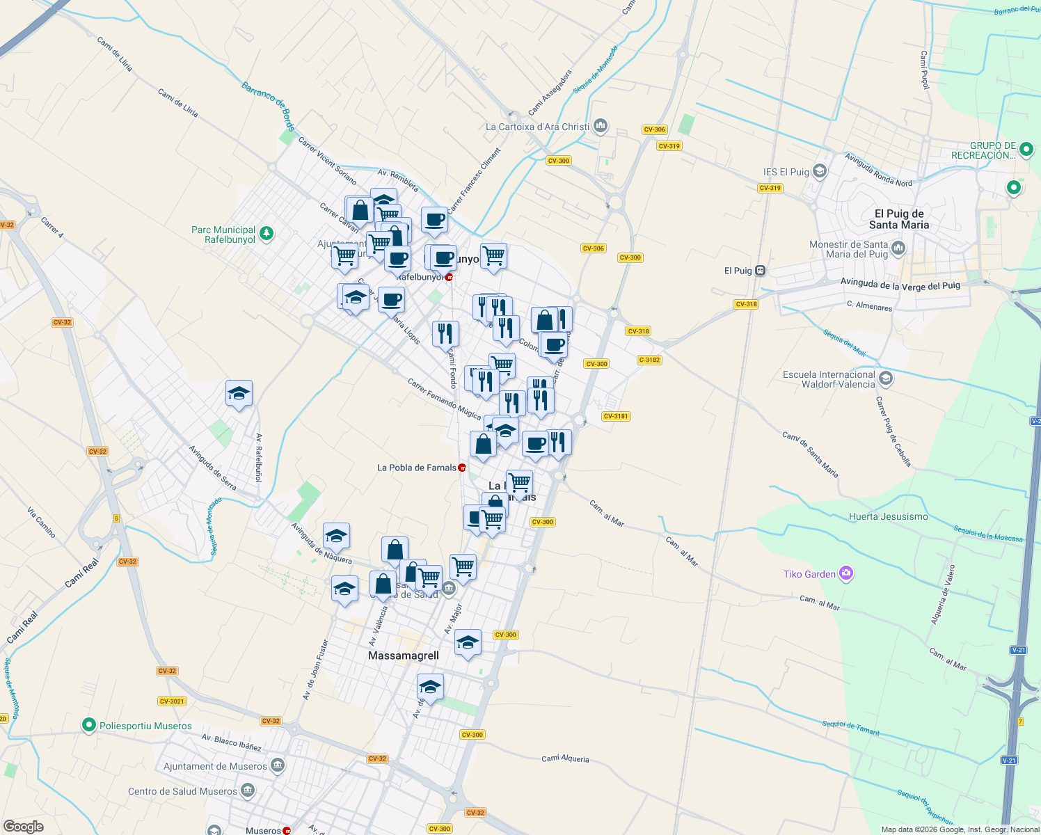 map of restaurants, bars, coffee shops, grocery stores, and more near 16-18 Carrer Trenet in Rafelbunyol