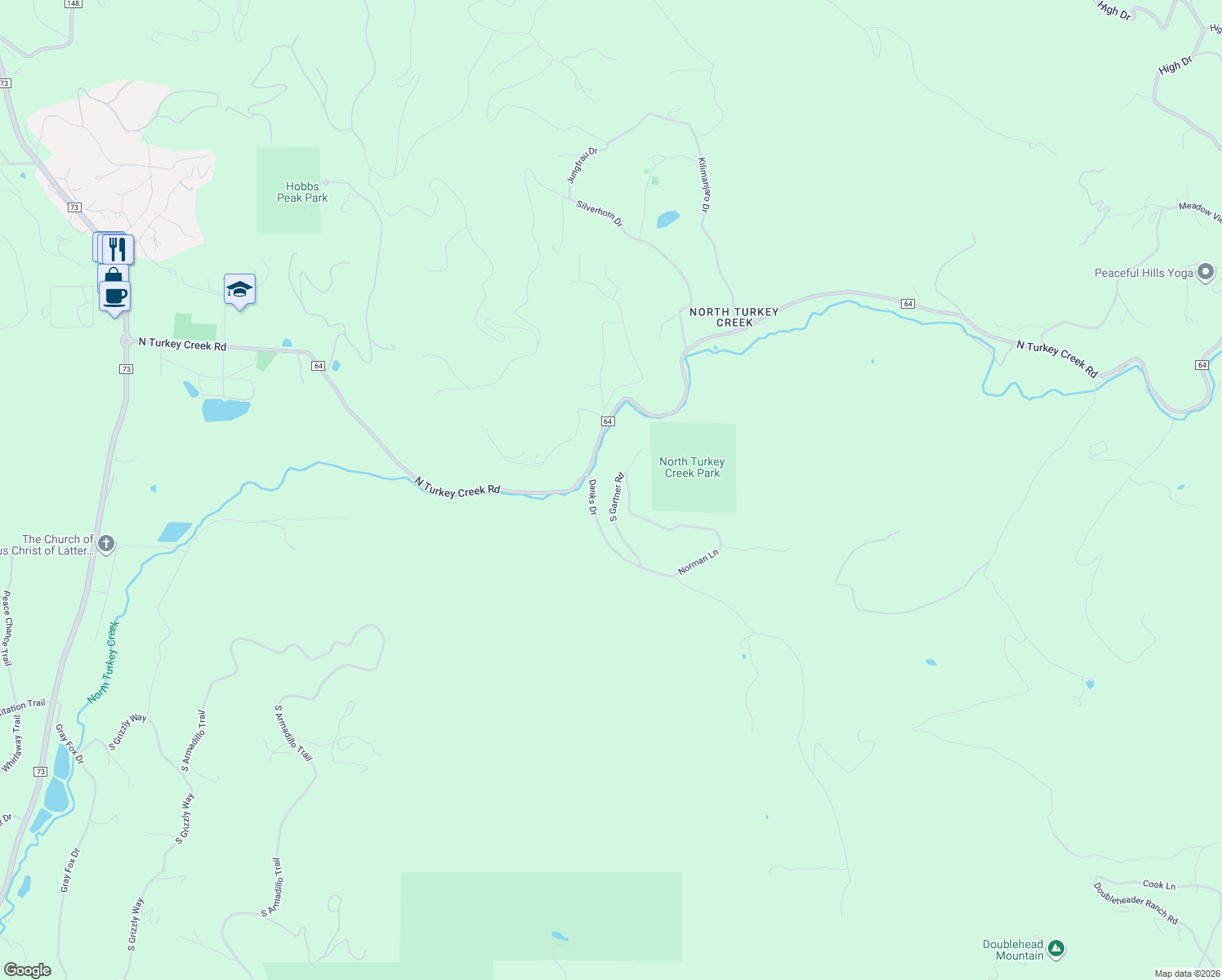 map of restaurants, bars, coffee shops, grocery stores, and more near 25074 North Turkey Creek Road in Evergreen
