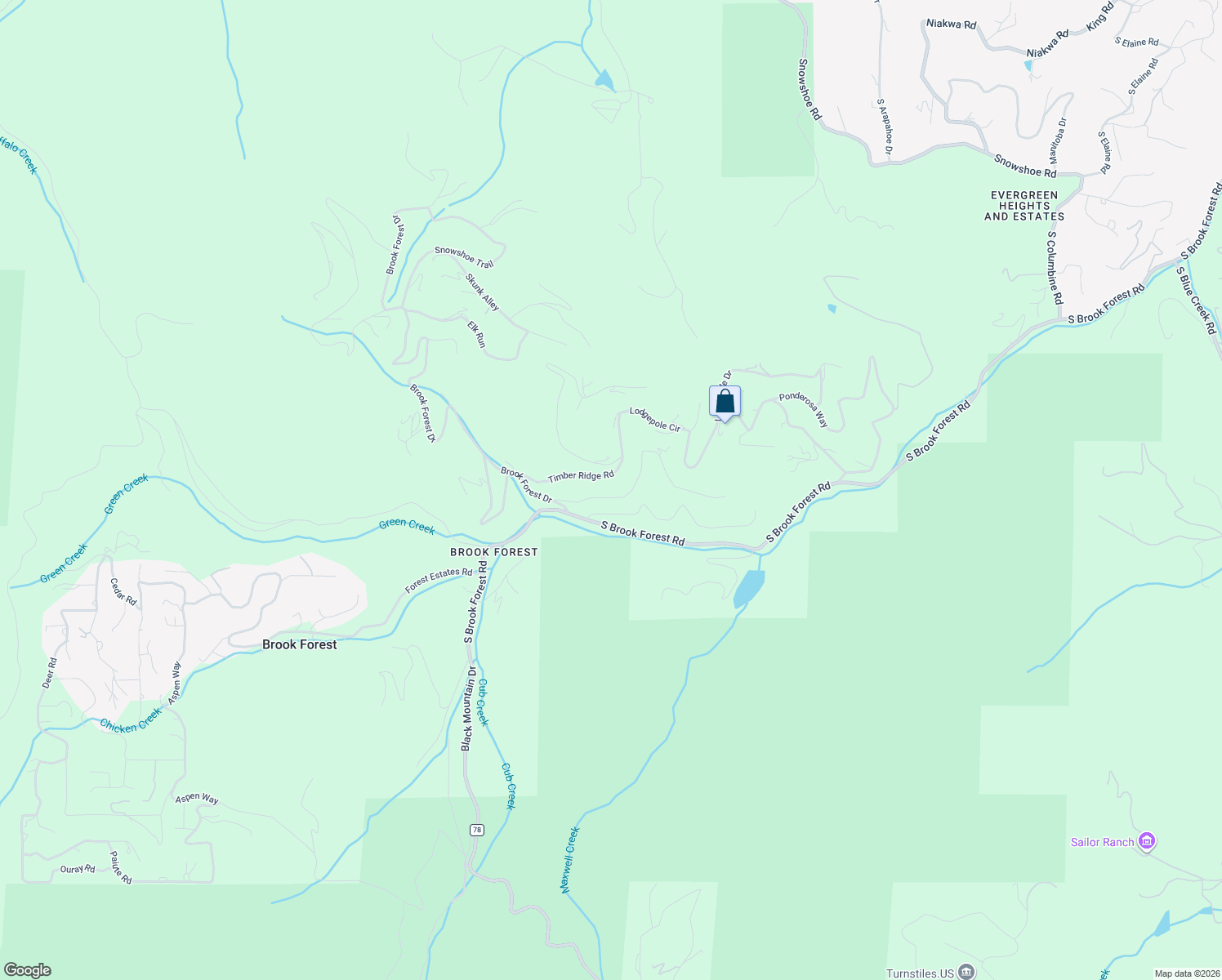 map of restaurants, bars, coffee shops, grocery stores, and more near 32857 Little Cub Road in Evergreen