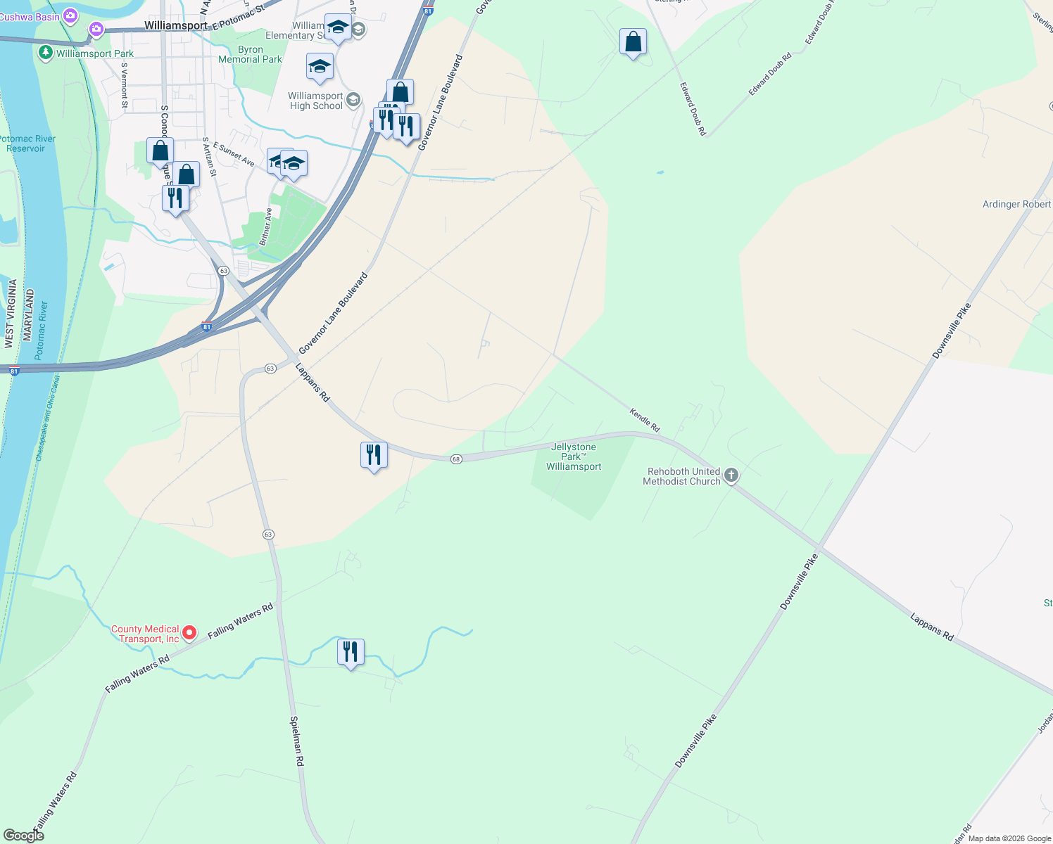 map of restaurants, bars, coffee shops, grocery stores, and more near 13420 John Martin Drive in Williamsport