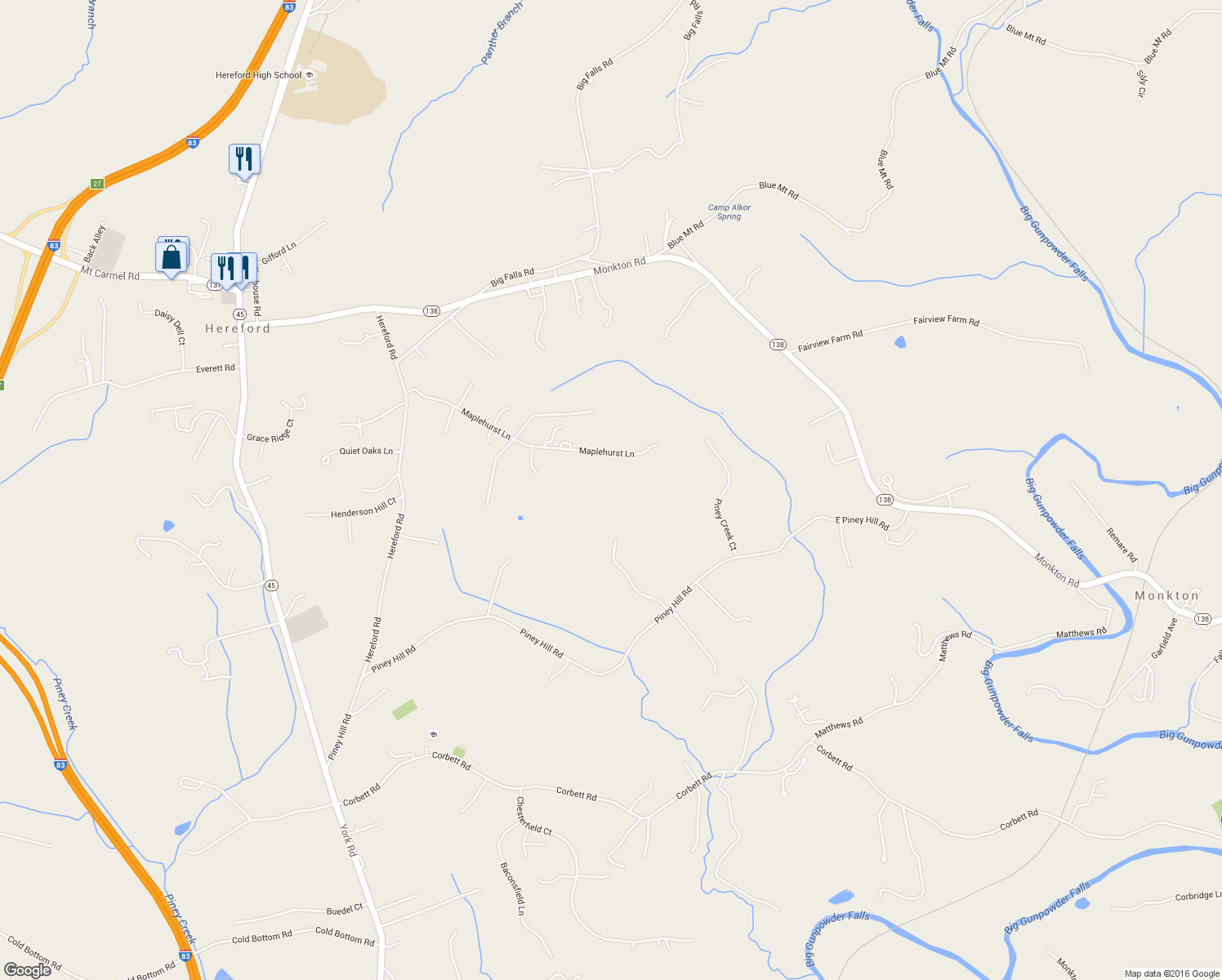 map of restaurants, bars, coffee shops, grocery stores, and more near 1013 Maplehurst Lane in Monkton