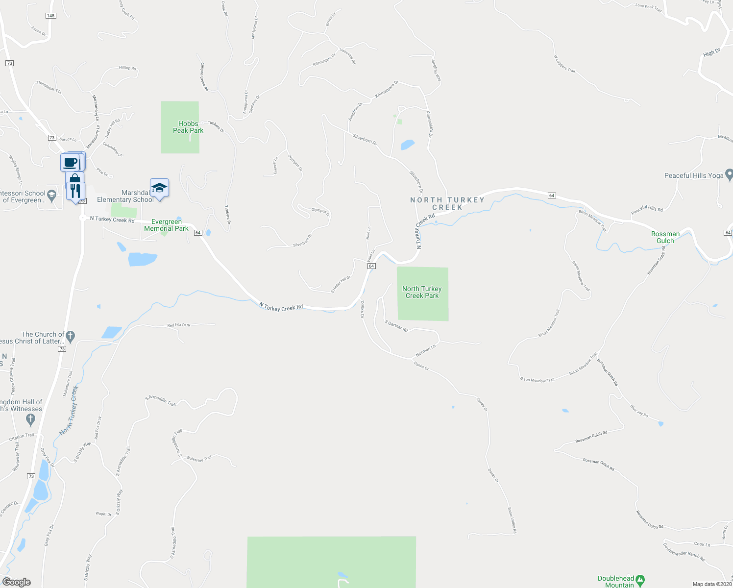 map of restaurants, bars, coffee shops, grocery stores, and more near 25074 North Turkey Creek Road in Evergreen