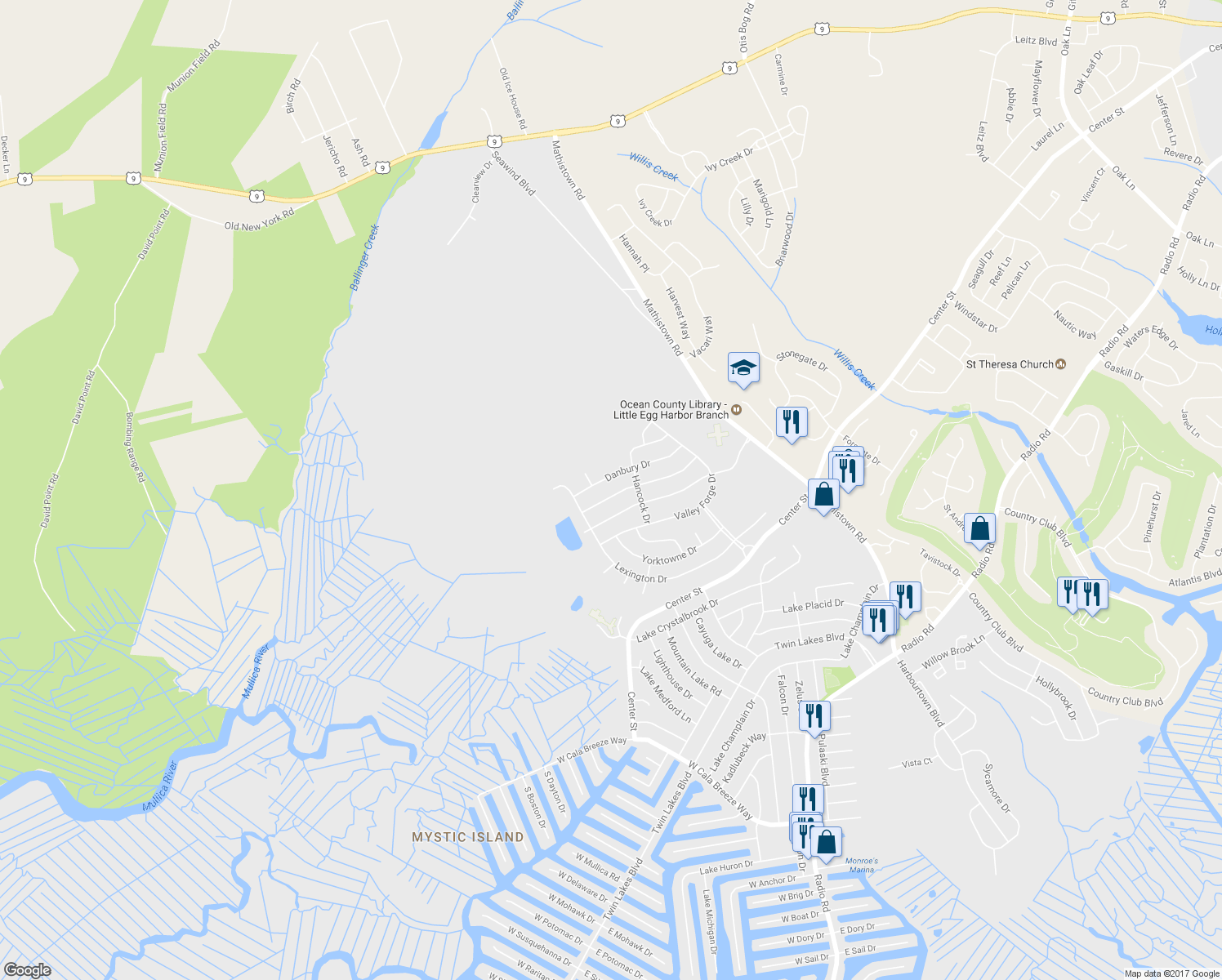 map of restaurants, bars, coffee shops, grocery stores, and more near 214 Mohican Lane in Little Egg Harbor Township