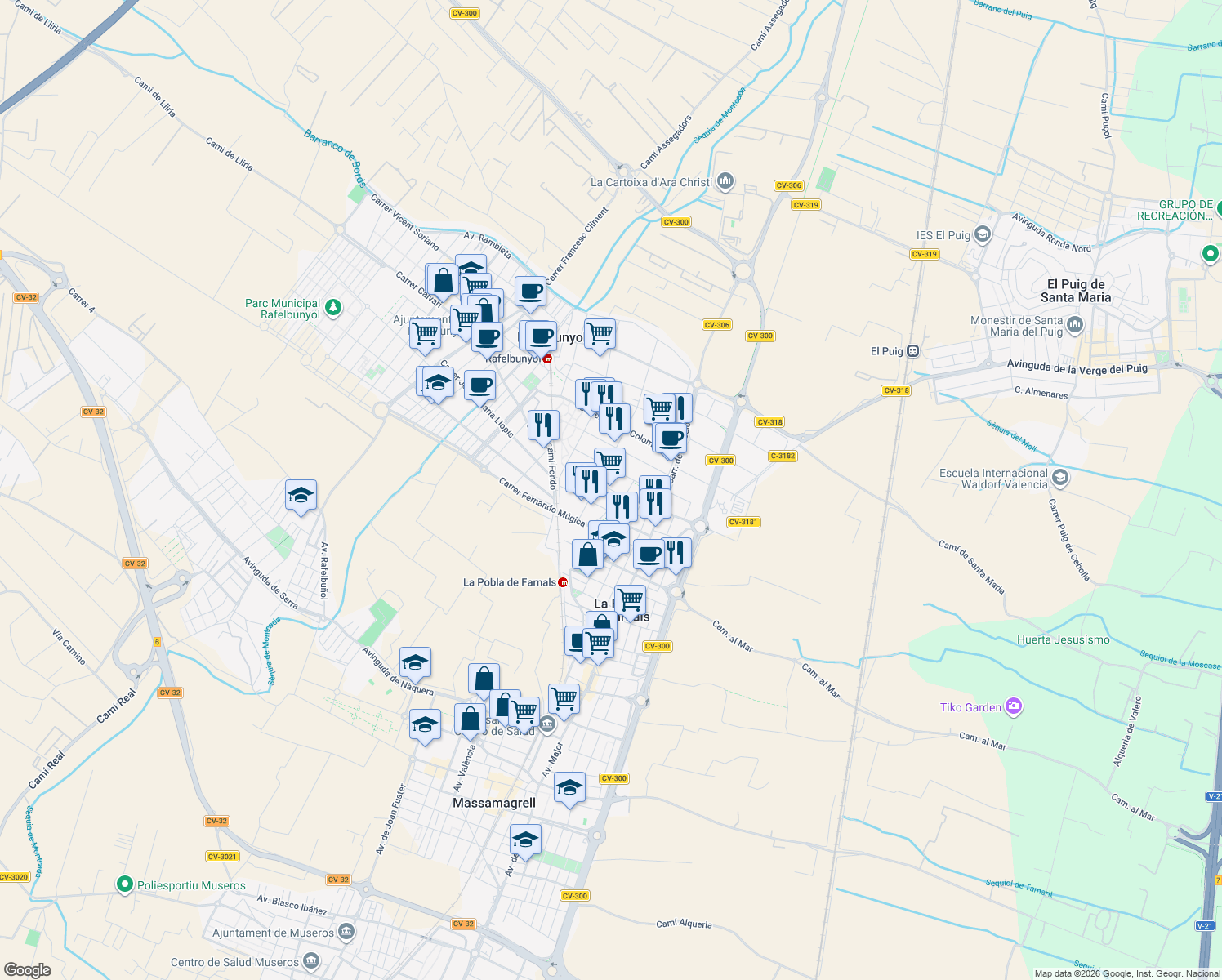 map of restaurants, bars, coffee shops, grocery stores, and more near 16 Carrer Trenet in Rafelbunyol
