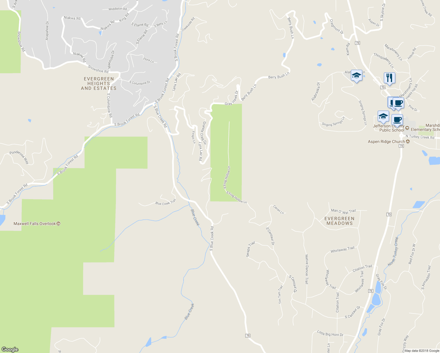 map of restaurants, bars, coffee shops, grocery stores, and more near 7339 South Frog Hollow Lane in Evergreen