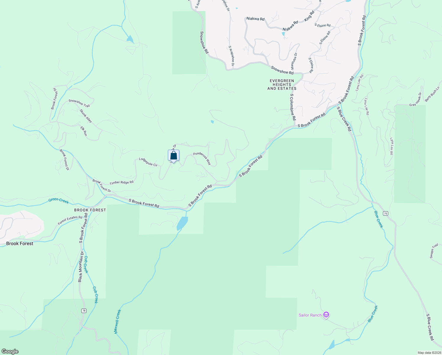 map of restaurants, bars, coffee shops, grocery stores, and more near 31614 Ponderosa Way in Evergreen