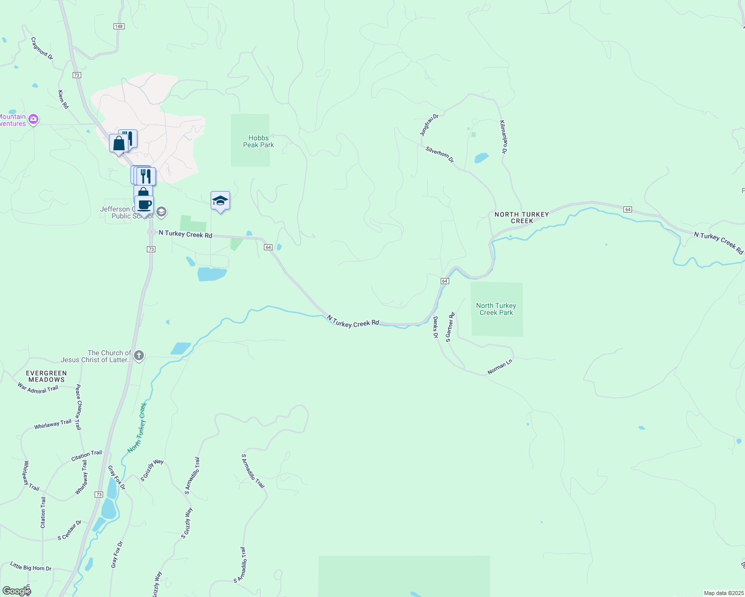 map of restaurants, bars, coffee shops, grocery stores, and more near 7395 South Heiter Hill Drive in Evergreen