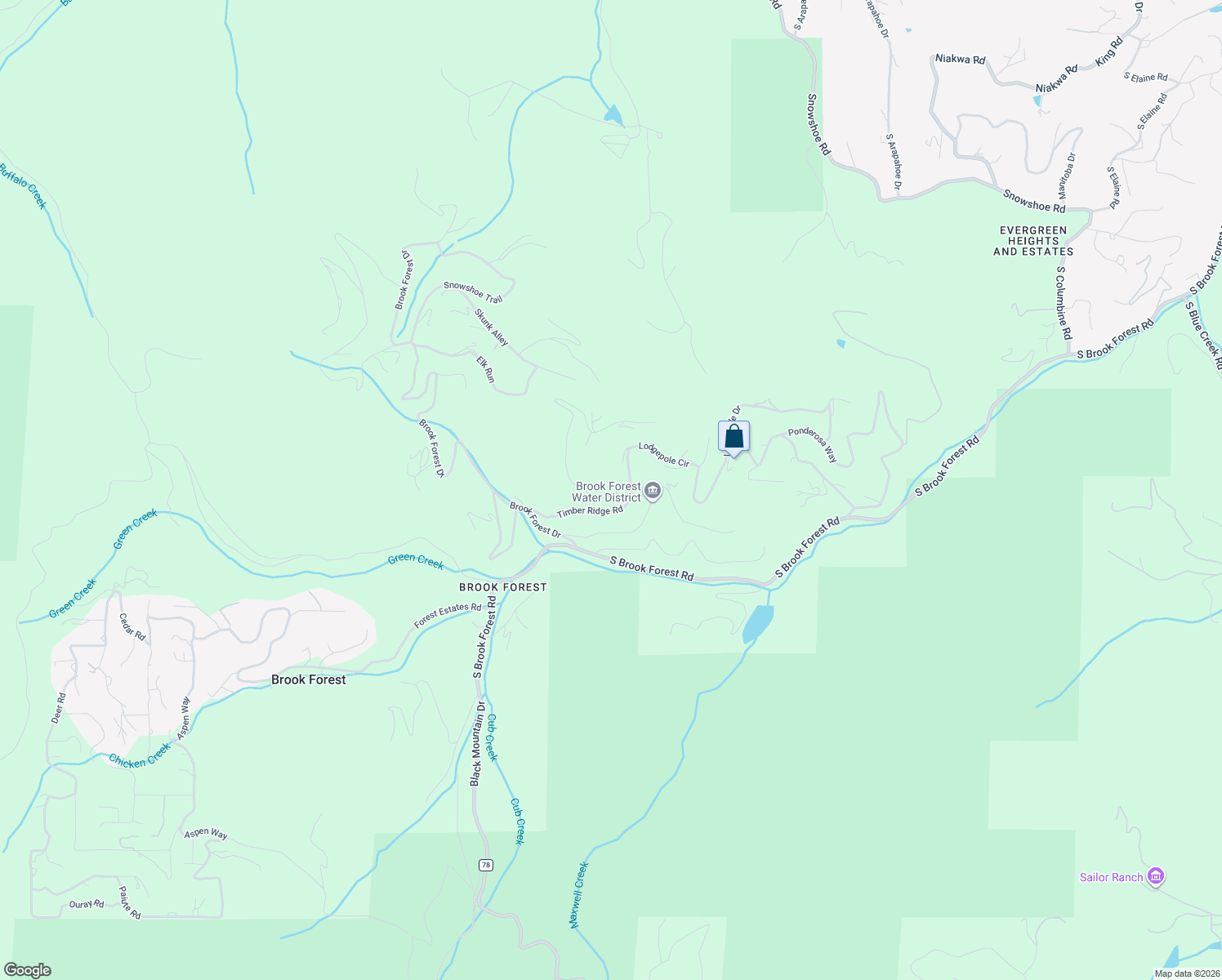 map of restaurants, bars, coffee shops, grocery stores, and more near 7340 Timber Trail Road in Evergreen