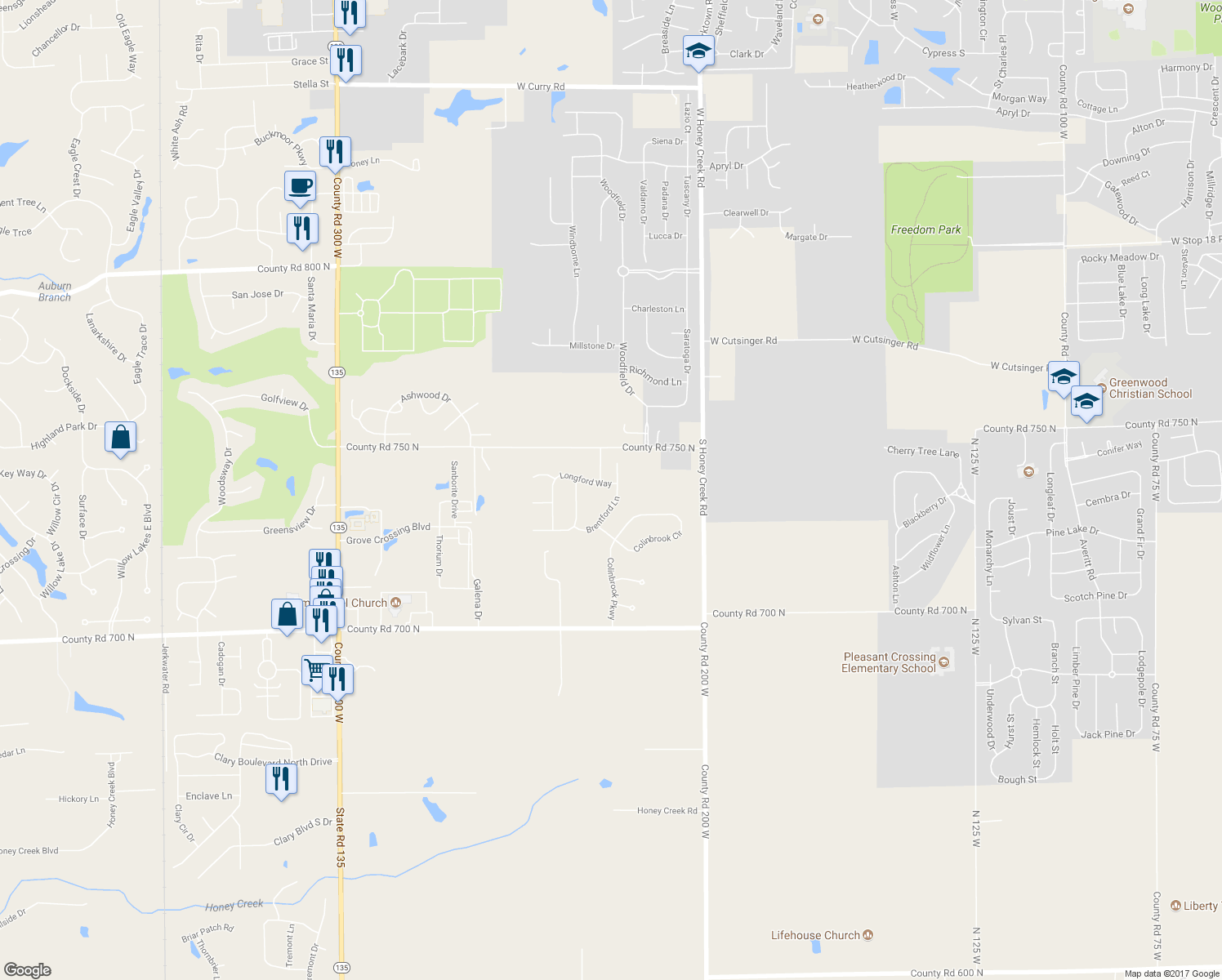 map of restaurants, bars, coffee shops, grocery stores, and more near 2312 Brentford Lane in Greenwood