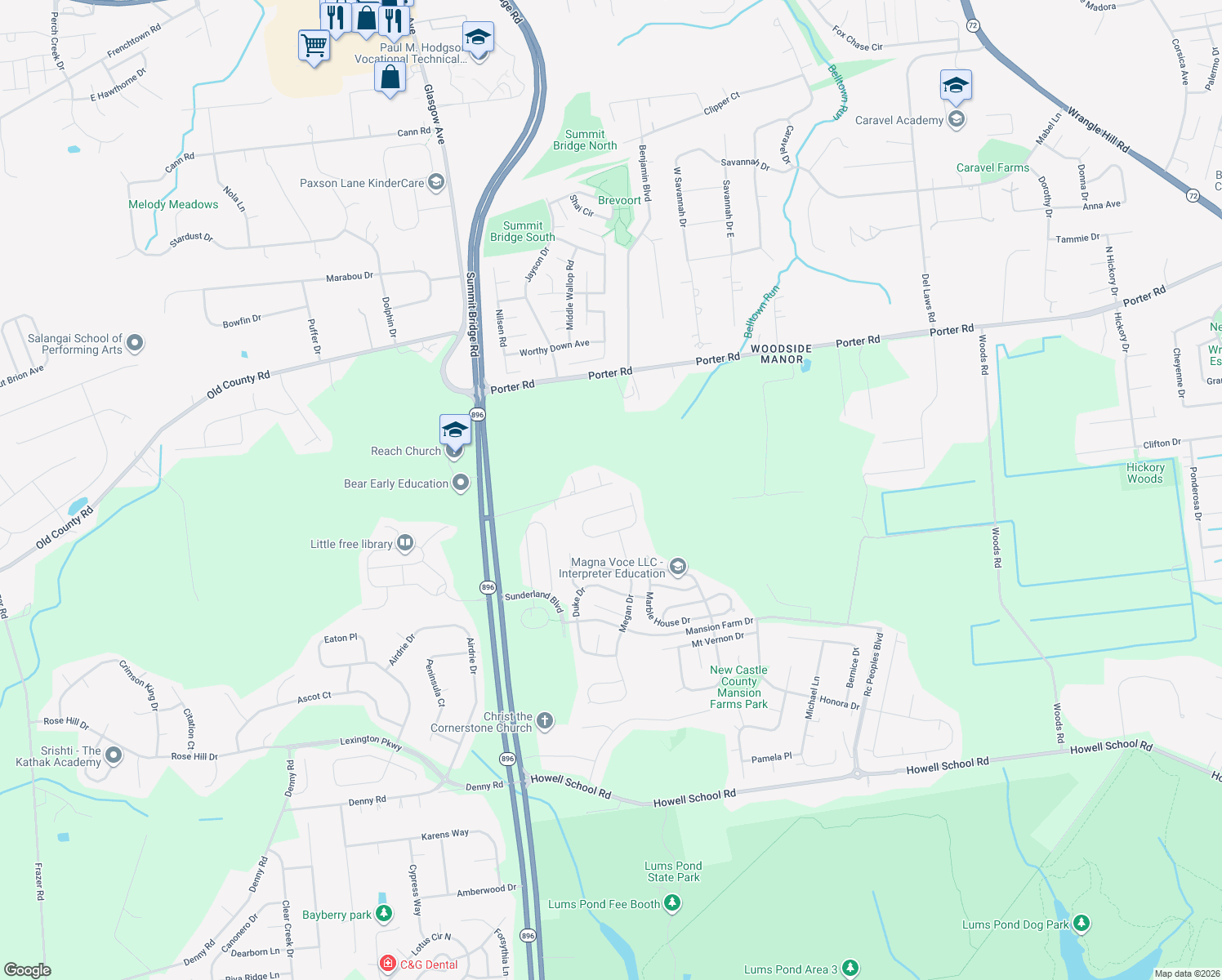 map of restaurants, bars, coffee shops, grocery stores, and more near 558 Mansion House Road in Bear