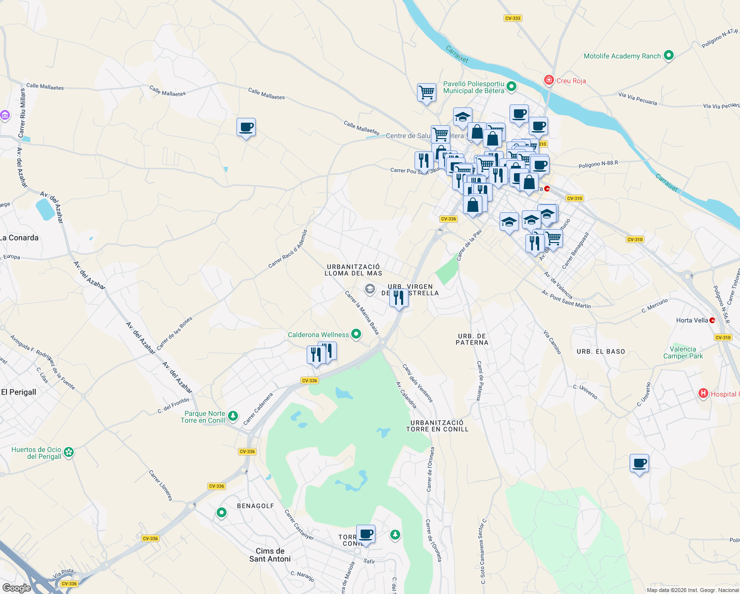 map of restaurants, bars, coffee shops, grocery stores, and more near 13 Carrer la Costera in Bétera