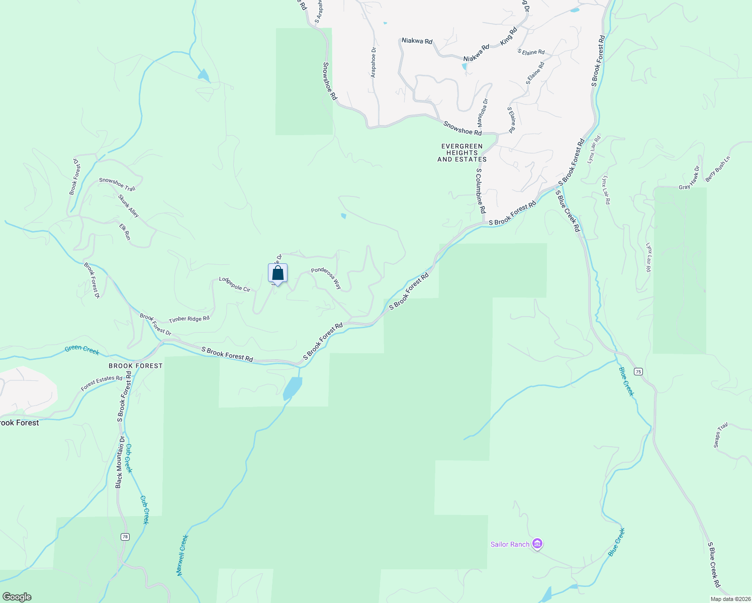 map of restaurants, bars, coffee shops, grocery stores, and more near 31643 Ponderosa Way in Evergreen