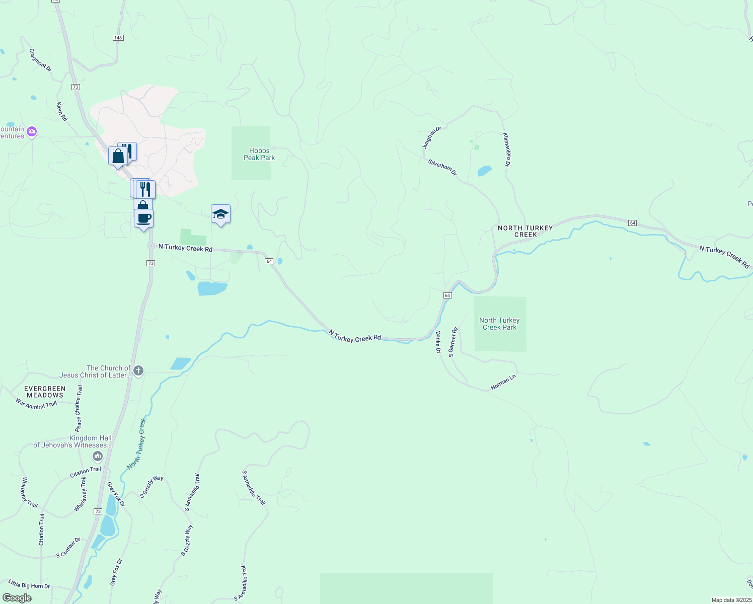 map of restaurants, bars, coffee shops, grocery stores, and more near 7395 South Heiter Hill Drive in Evergreen