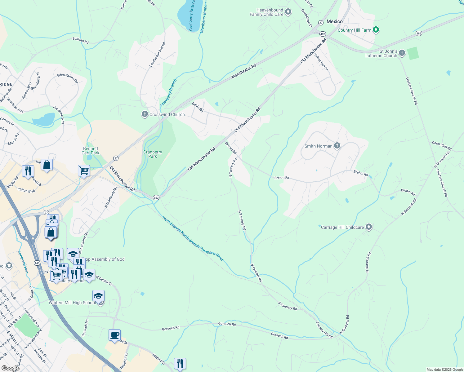 map of restaurants, bars, coffee shops, grocery stores, and more near 334 North Tannery Road in Westminster