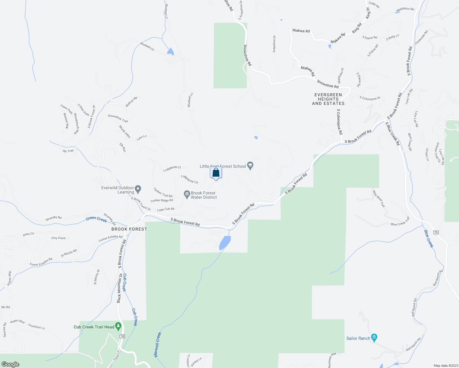 map of restaurants, bars, coffee shops, grocery stores, and more near 7197 Aspen Meadow Drive in Evergreen