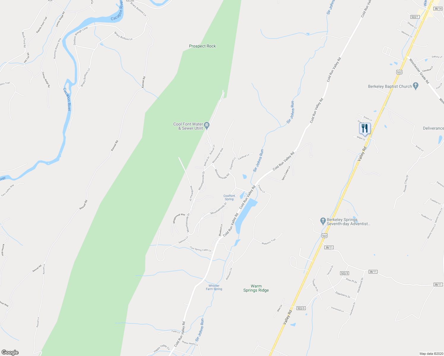 map of restaurants, bars, coffee shops, grocery stores, and more near Mountainside Road in Berkeley Springs