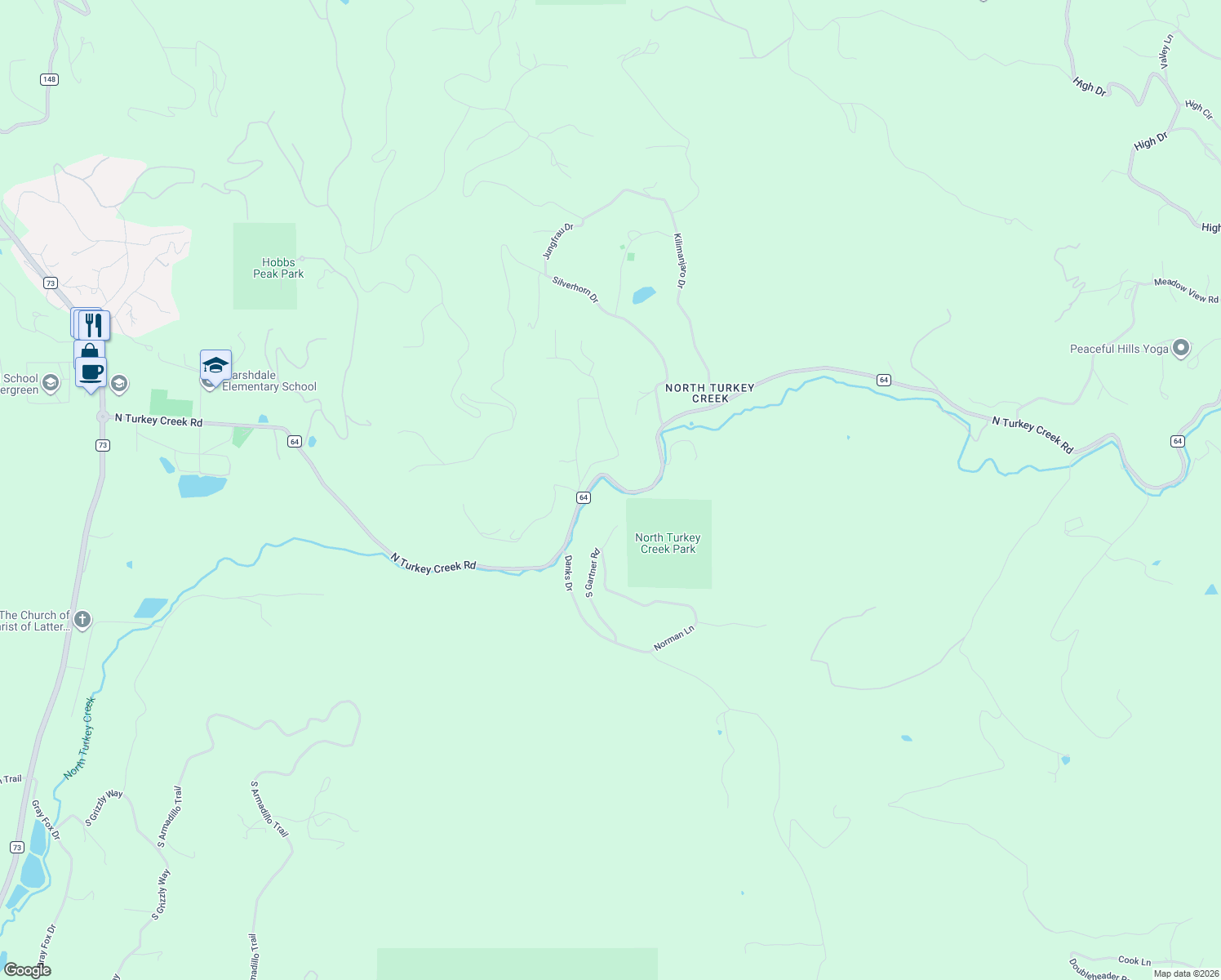 map of restaurants, bars, coffee shops, grocery stores, and more near 24934 North Turkey Creek Road in Evergreen