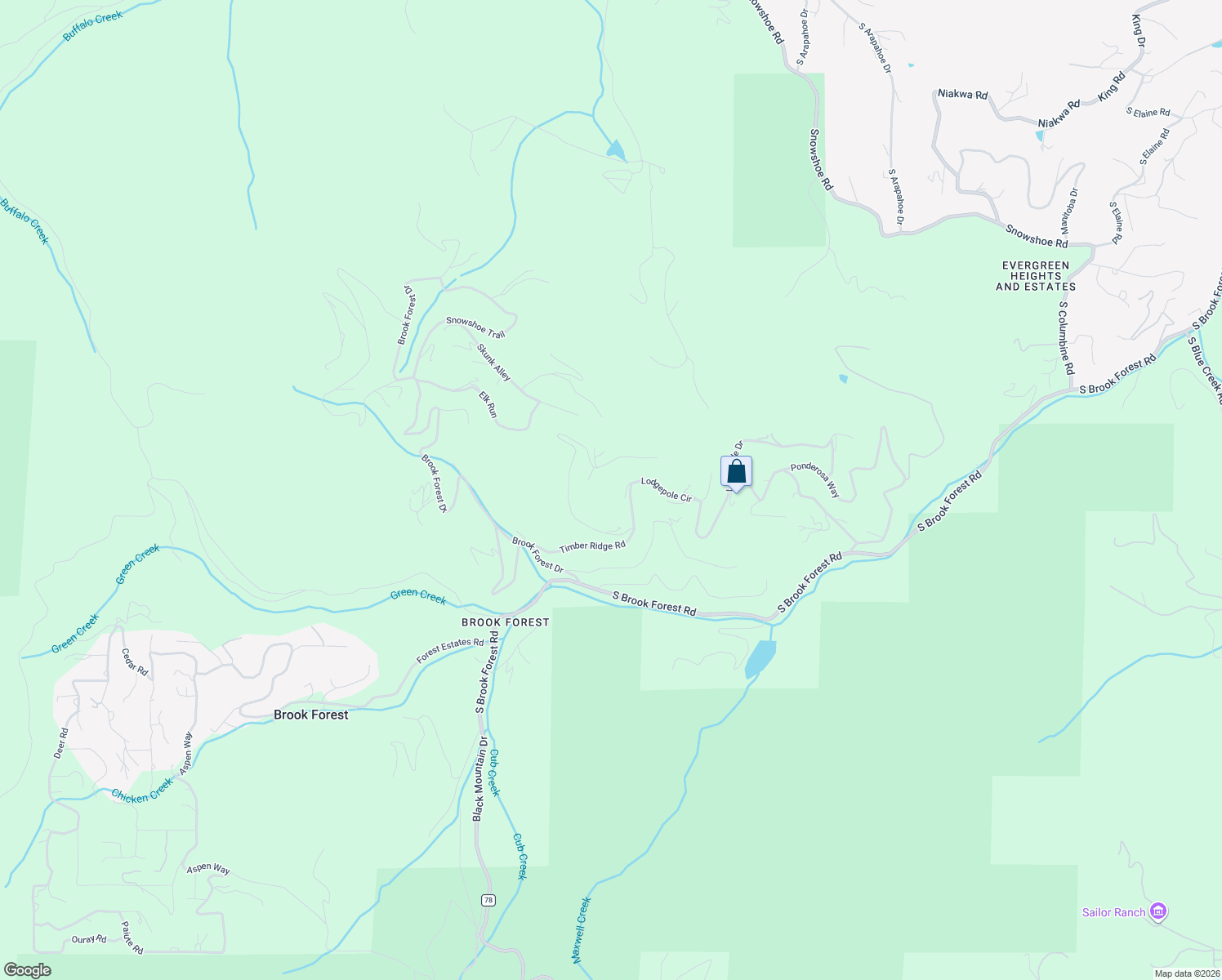 map of restaurants, bars, coffee shops, grocery stores, and more near 32714 Lodgepole Circle in Evergreen