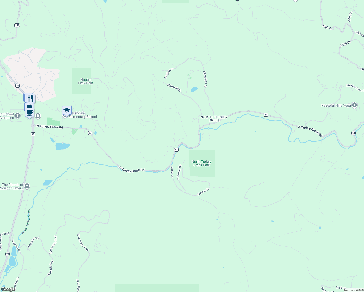 map of restaurants, bars, coffee shops, grocery stores, and more near 24934 North Turkey Creek Road in Evergreen