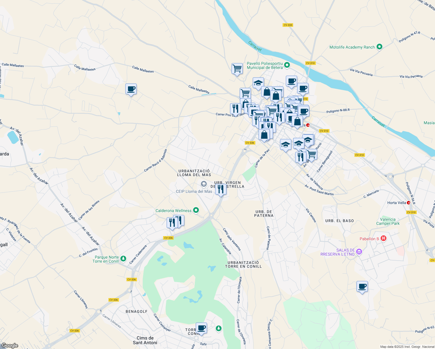 map of restaurants, bars, coffee shops, grocery stores, and more near 12 Carrer la Foia de Bunyol in Valencia