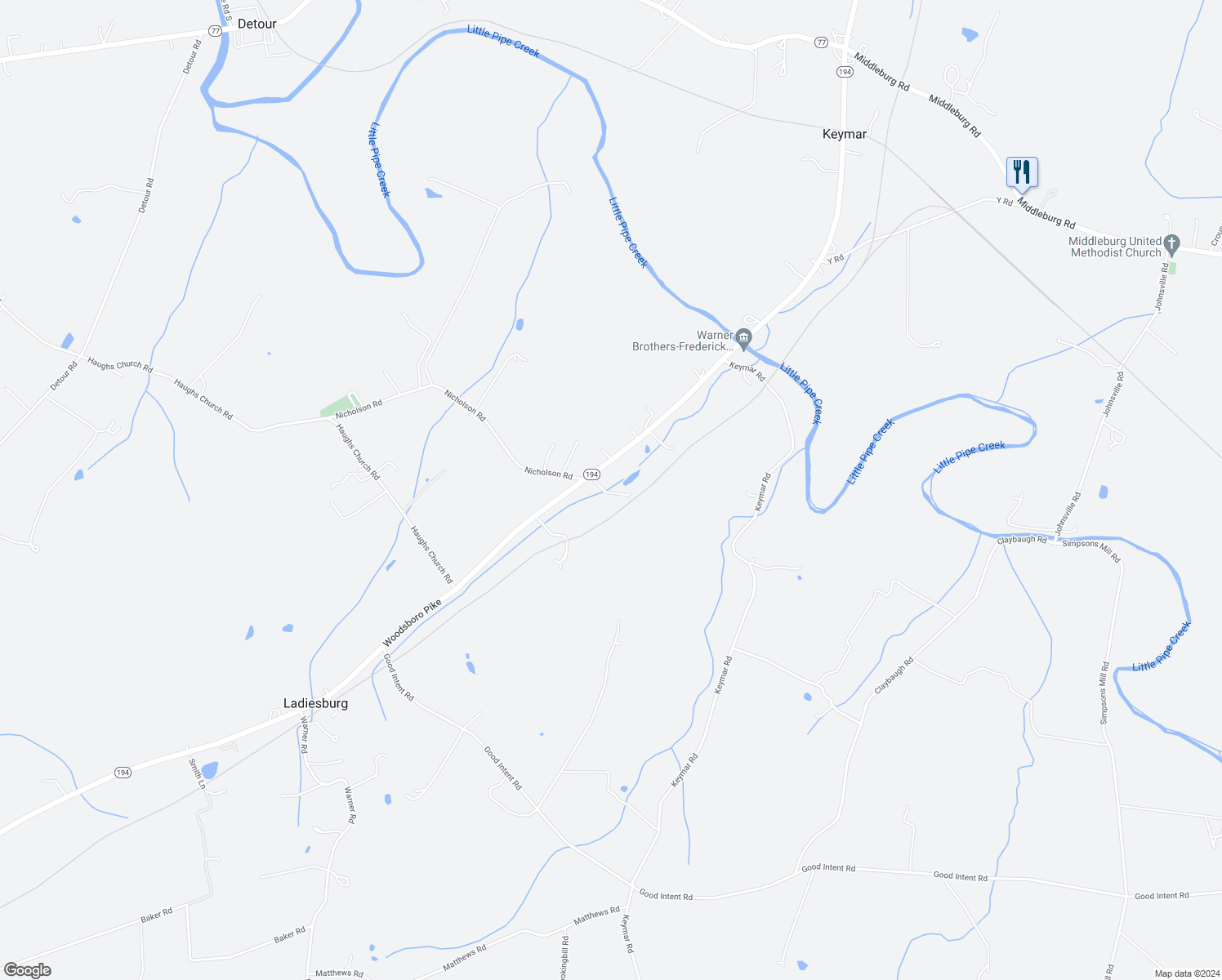 map of restaurants, bars, coffee shops, grocery stores, and more near 12815A Woodsboro Pike in Keymar