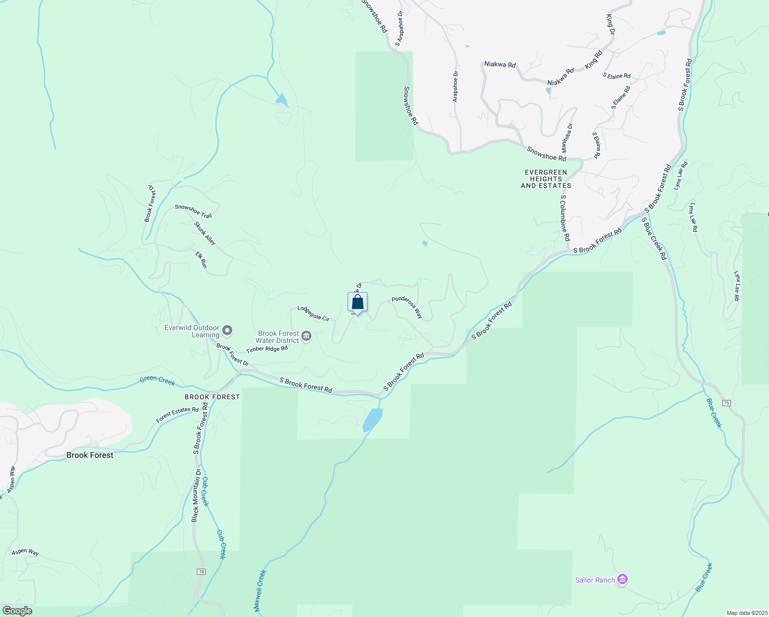 map of restaurants, bars, coffee shops, grocery stores, and more near 7197 Aspen Meadow Drive in Evergreen