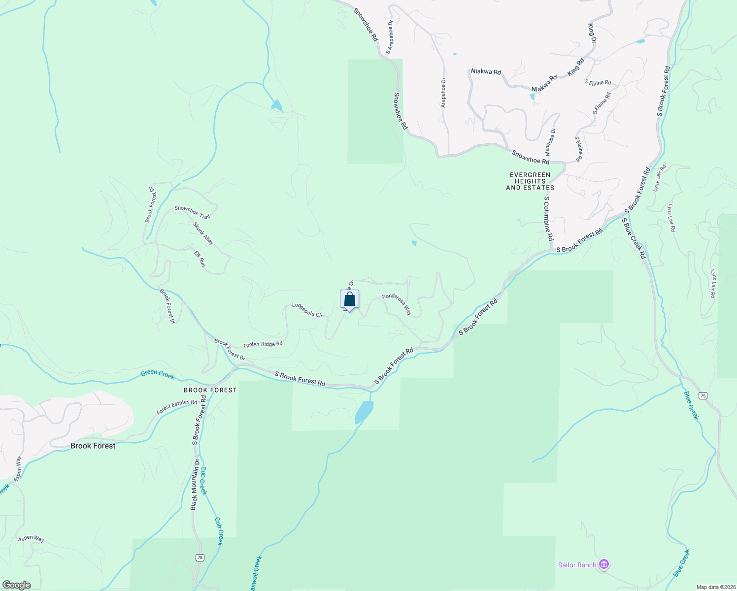 map of restaurants, bars, coffee shops, grocery stores, and more near 7196 Aspen Meadow Drive in Evergreen
