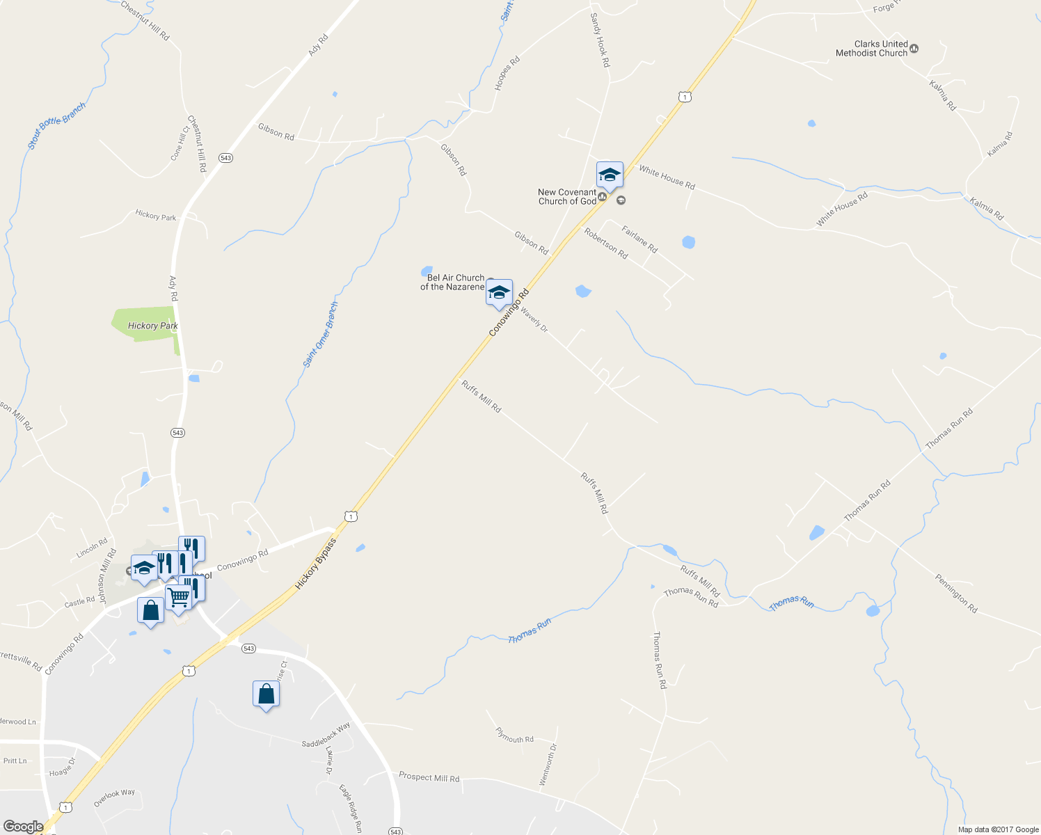 map of restaurants, bars, coffee shops, grocery stores, and more near 2109 Ruffs Mill Road in Bel Air