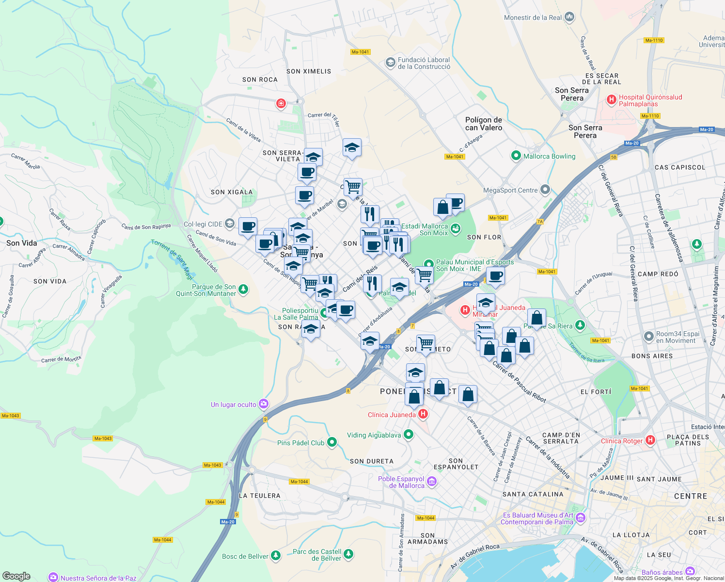 map of restaurants, bars, coffee shops, grocery stores, and more near Carrer de Castellà la Manxa in Illes Balears